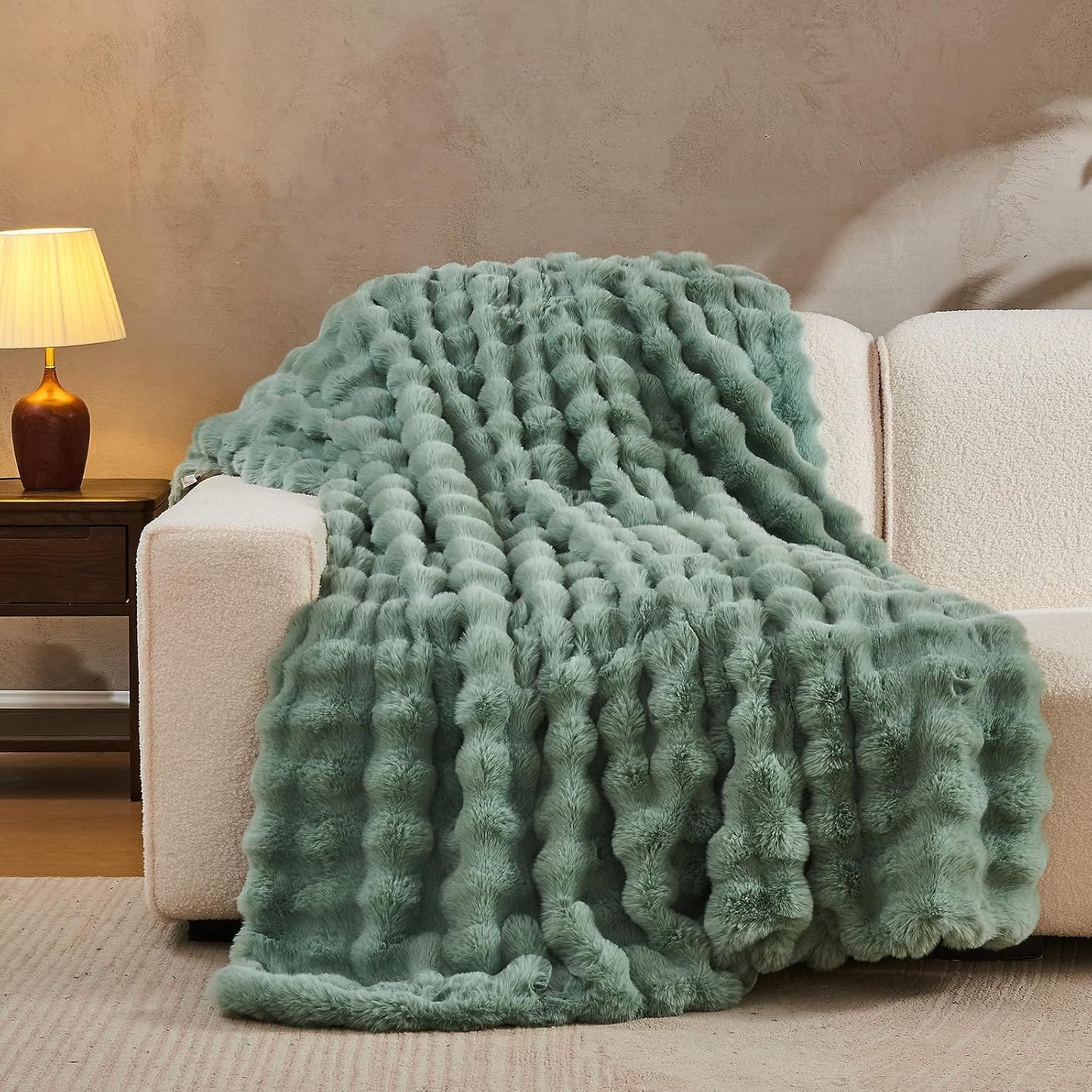 Lotus Karen Faux Fur Throw Blanket Sage Green - Big Bubble Rabbit Fluff Blanket for Couch Bed Sofa,Softest Fluffy Fuzzy Cozy Blanket, Plush Thick Furry Shaggy Warm Blankets for Women,50x60 Inches