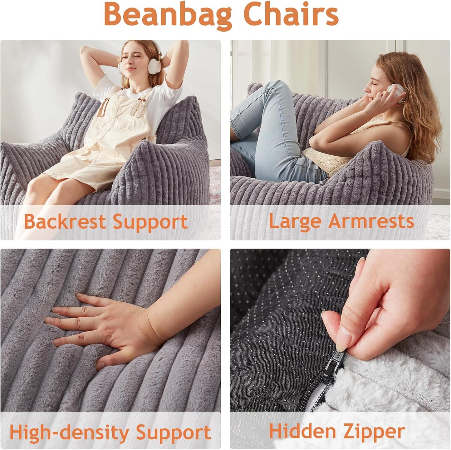 Giant Bean Bag Chairs for Adults with Filling Plush Fluffy Bean Bag Chairs for Teens with Armrests Comfy BeanBag Lazy Couch Sofa Chair for Bedroom Living Room Reading (Dark Gray2, M-for Teens/Adults)
