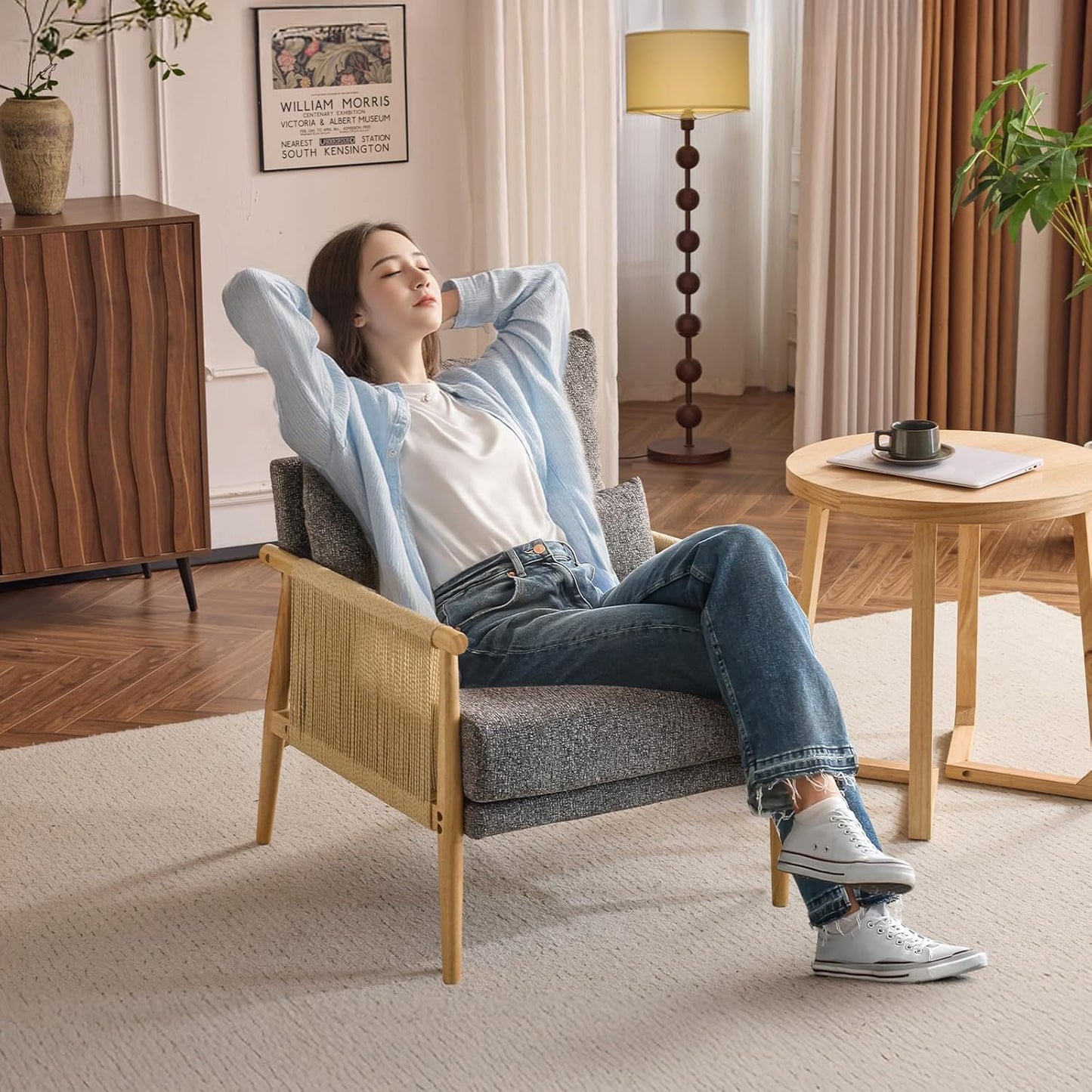 VINGLI Boho Braid Accent Armchairs Set of 2,Mid-Century Modern Chiars with Solid Wooden Armrest,Comfy Louge Cushion Chairs with Waist Pillow for Bedroom,Living Room,Reading Room, Gray