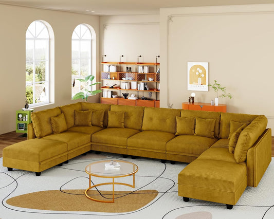 LLappuil U-Shaped Modular Sectional Sofa with Storage, 9-Seat Convertible Corduroy Couch with 9 Back Cushions & Throw Pillows, Large L-Shaped Sofa for Living Room, Yellow