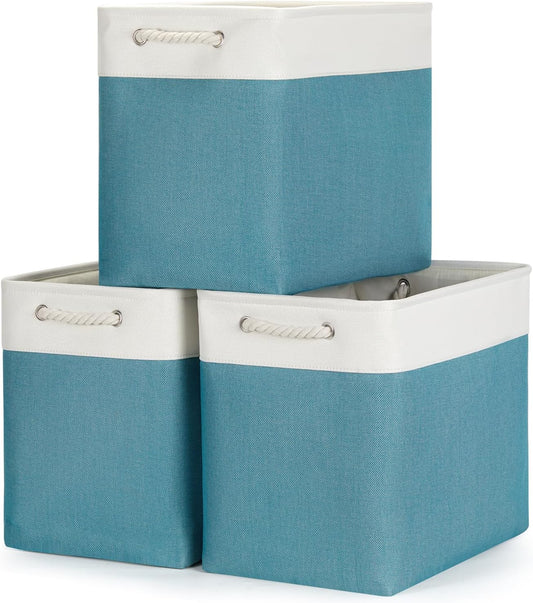 Bidtakay Extra Large Storage Baskets for Shelves 3 Pack Fabric Storage Bins for Organizing Linen Collapsible Organizer for Closet-White&Teal