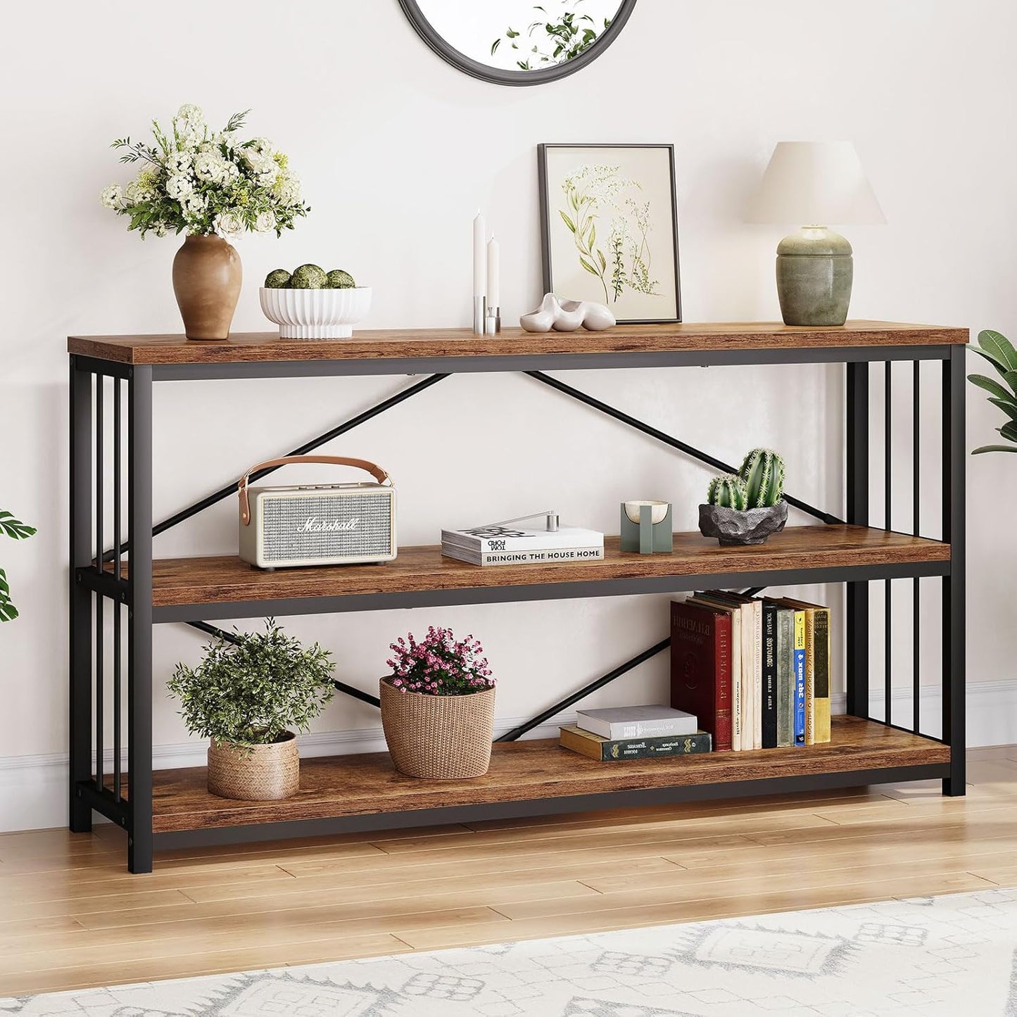 LVB Industrial Console Entryway Table, Metal Wood Rustic Sofa Table with Storage, Farmhouse 3 Tier Shelf Long Hallway Foyer Entry Tables Behind Couch for Home Living Room Entryway, Rustic Brown, 55 In