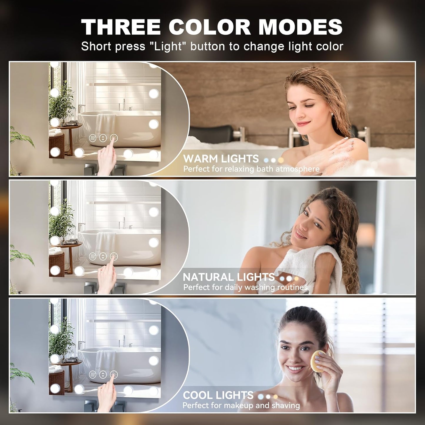 Hasipu LED Bathroom Mirror with Lights, 40" x 24" Hollywood Wall-Mounted Bathroom Mirror with 16 Dimmable Bulbs, 3 Colors Modes, Touch Control, Anti-Fog, Memory Function, Shatter-Proof, ETL Listed