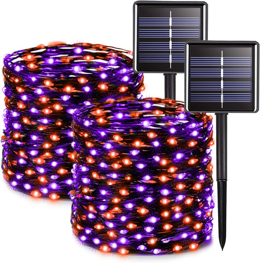 JMEXSUSS 2 Pack Solar Halloween Lights Outdoor Waterproof, Total 66FT 200 LED Orange and Purple Halloween Lights, 8 Mode Black Wire Solar Fairy String Light for Outside Yard Spooky Party Decorations