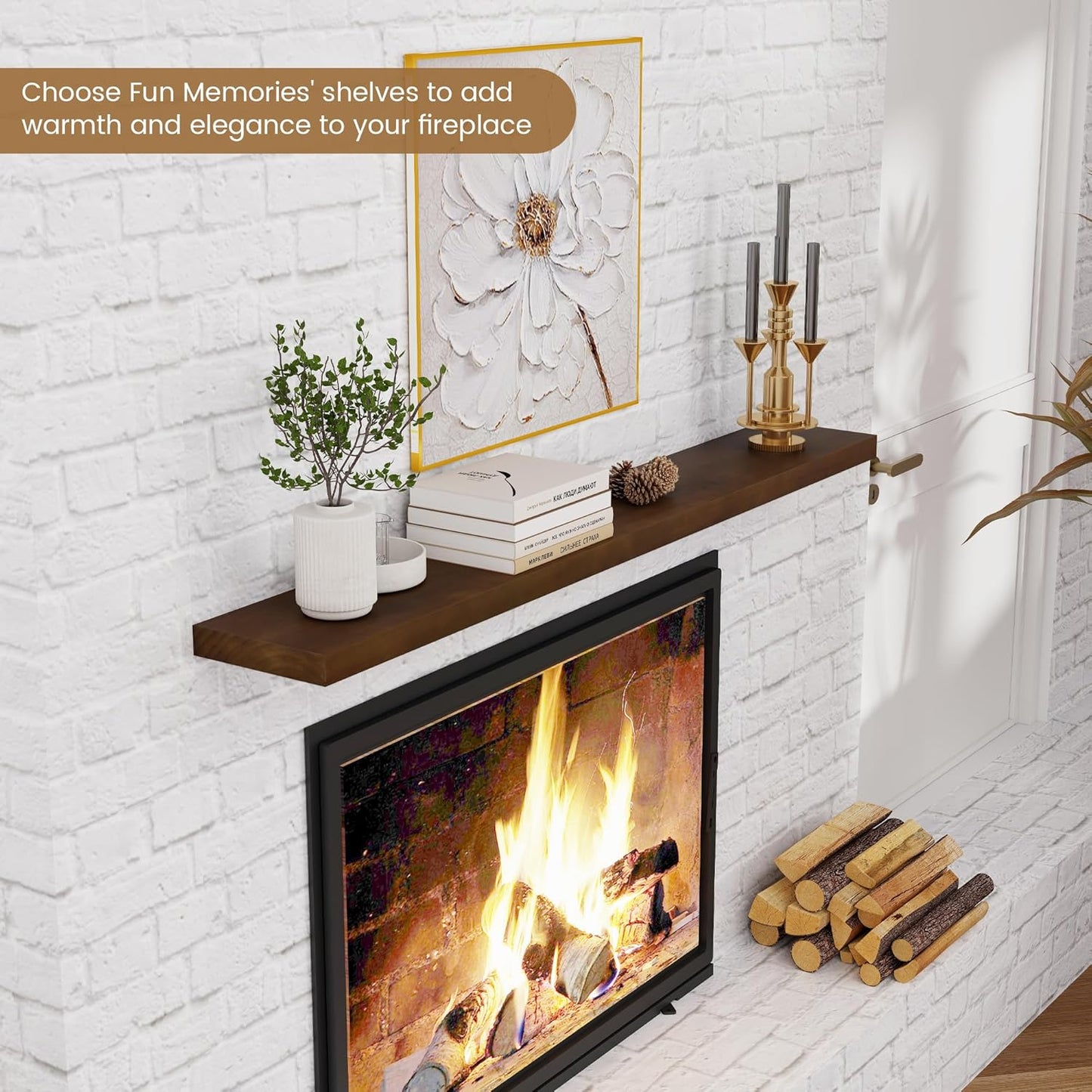 Floating Shelves 55 Inches Long - 8 Inch Deep Rustic Solid Pine Wood for Storage - Farmhouse Wall Mounted for Living Room - Heavy-Duty Metal Bracket - 55" W x 8" D - American Walnut Color