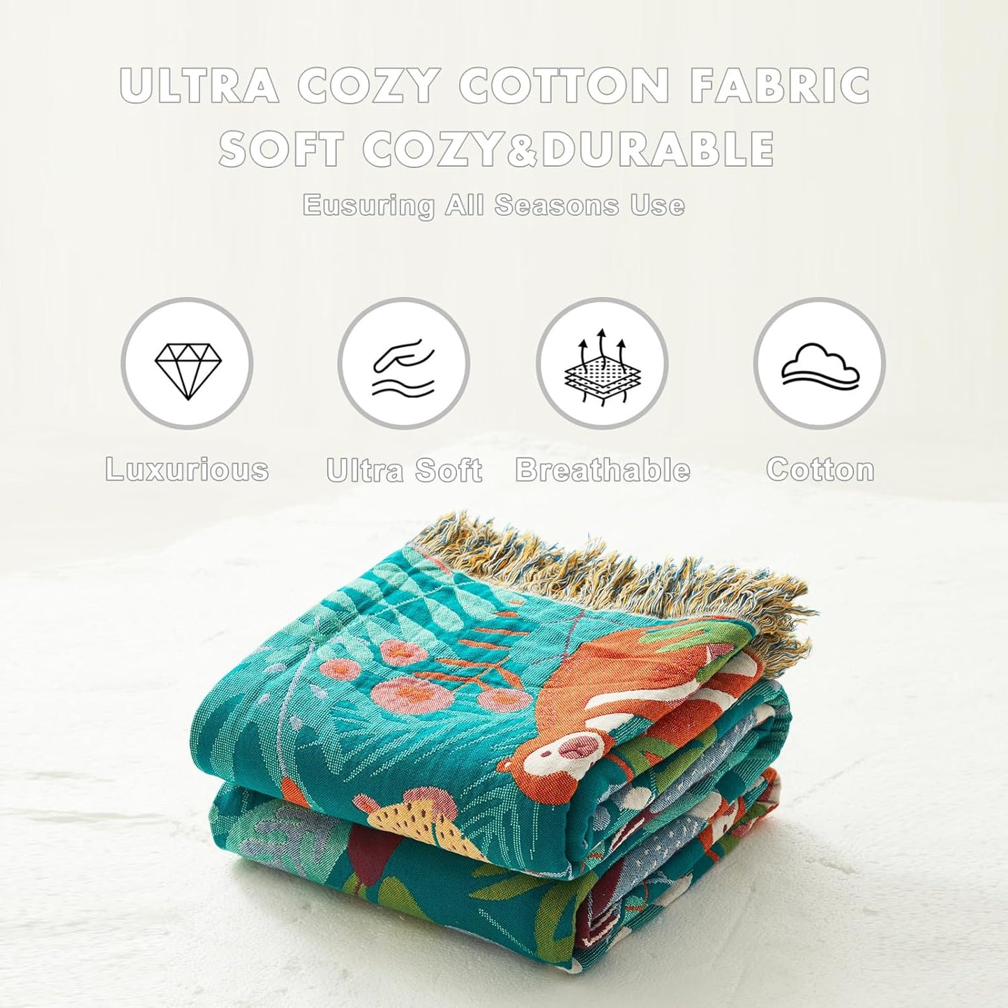 MSGKV Throw Blanket for Couch Bed Cotton Muslin Breathable Animals Twin Size Blanket 60"x80" for All Seasons Lightweight Farmhouse Blankets Home Decor