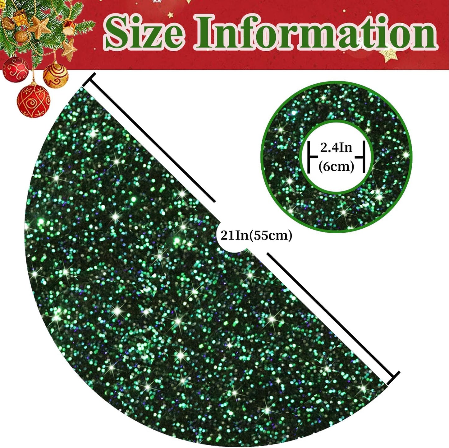 MODFUNS Sequin Christmas Tree Skirt 21 Inches Green and Black Rustic Velvet Tree Skirt for Table Top Trees Artificial Metallic Tree Mats Mini Xmas Tree Skirts Cover for Christmas Festive Decorations