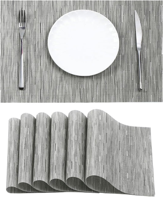 Leetaltree Silver Placemats Set of 6 - Heat Resistant Non-Slip Place mats for Dining Table, Washable Durable PVC Vinyl Woven Table Mats（Silver, 6）