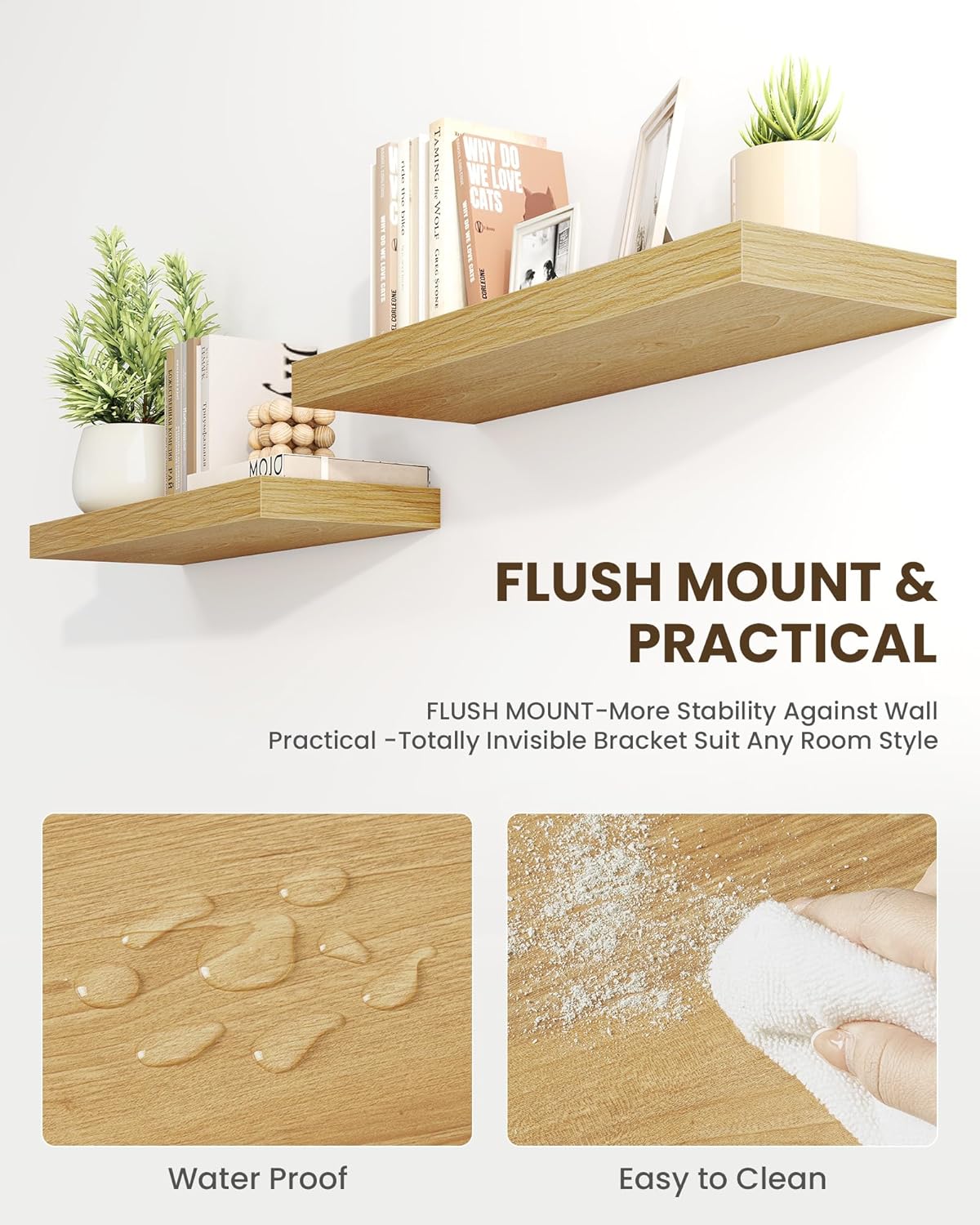 Marsmiles 24" Floating Shelves for Wall, Wooden Shelves with Invisible Brackets Set of 2, Rustic Farmhouse Wall Mounted Shelf for Kitchen Bathroom Living Room Study, Natural Oak