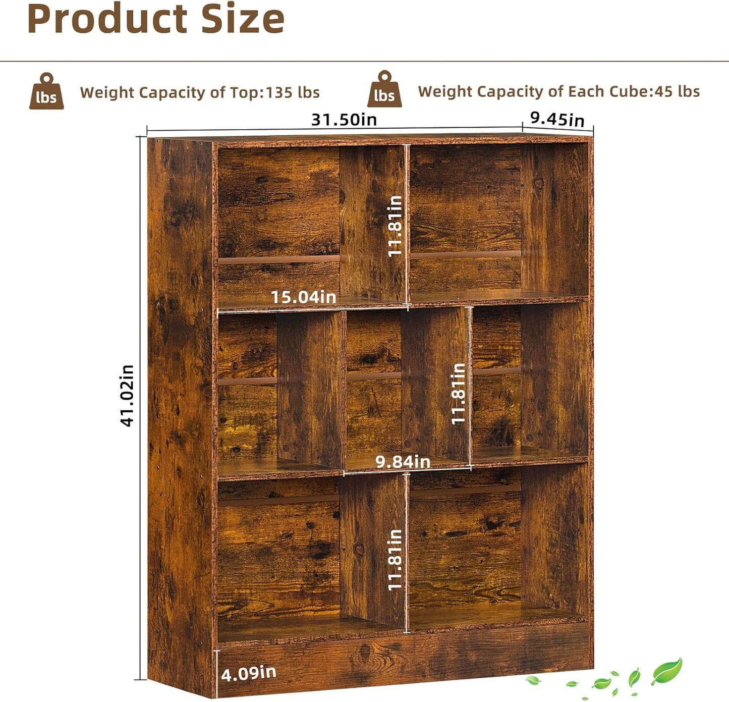 LEYAOYAO 7 Cube Bookshelf with Wood Base, Brown 3 Tier Mid-Century Modern Bookcase,Standing Wide Bookshelves Storage Organizer Shelf,Rustic Display Cabinet Book Shelves for Bedroom,Living Room,Office