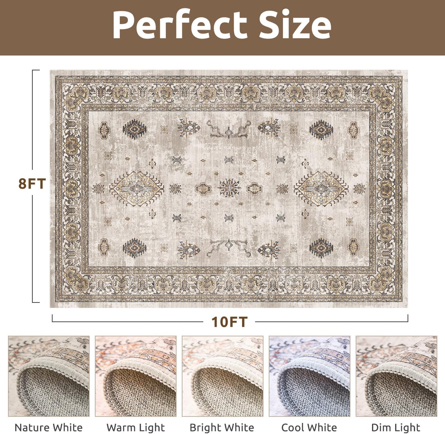 AMOAMI-Vintage Area Rug 8X10 Brown Rugs for Living Room-Soft Living Room Rug Non Slip Rugs for Bedroom Carpet Machine Washable Rug for Dining Room Bedside Office Room Decor