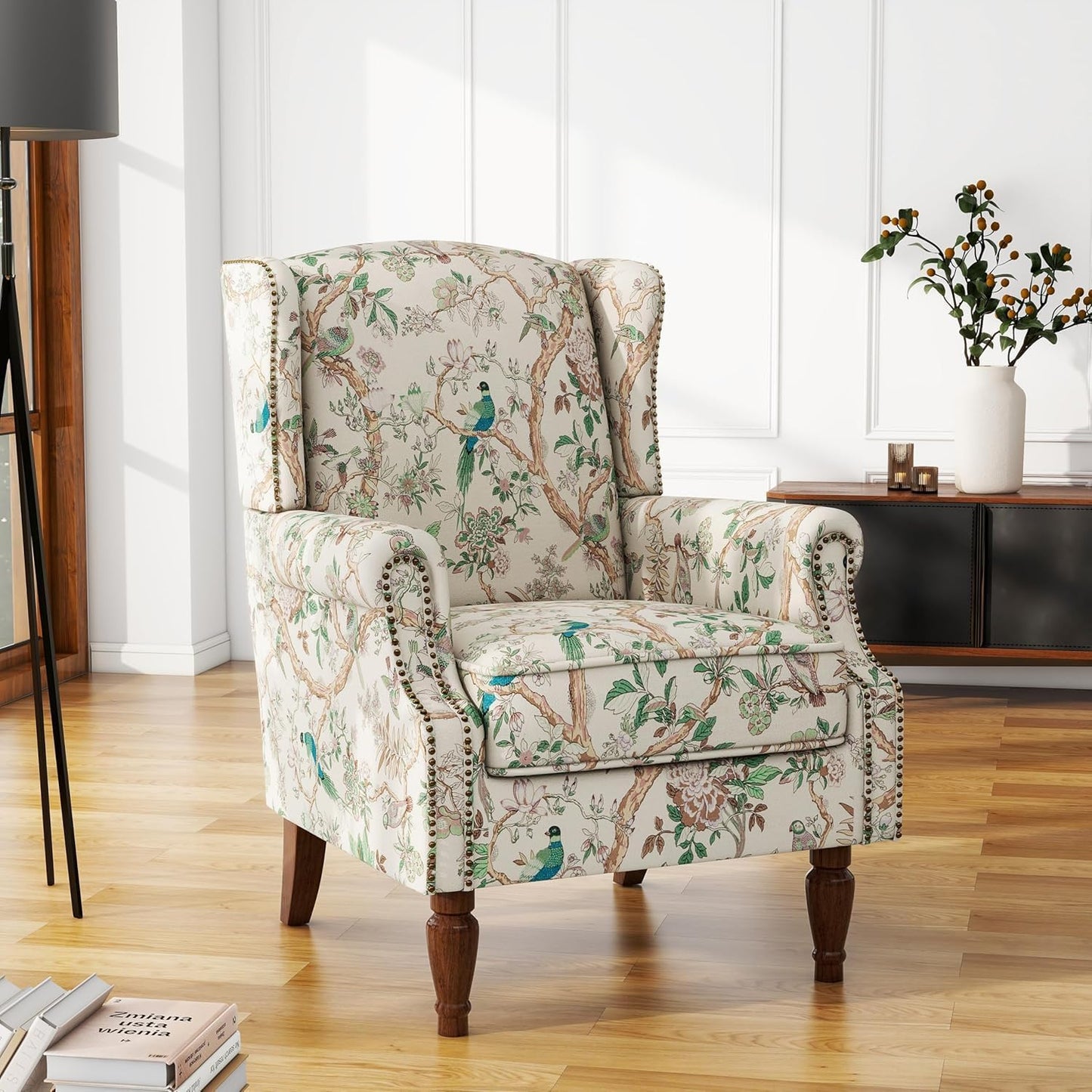 UIXE High Back Floral Accent Chair, Fabric Upholstered Armchair for Living Room, Retro Wingback Arm Chair with Solid Wood Legs, Nailhead Trim Single Sofa Bedroom Reading Seat - Bird Pattern