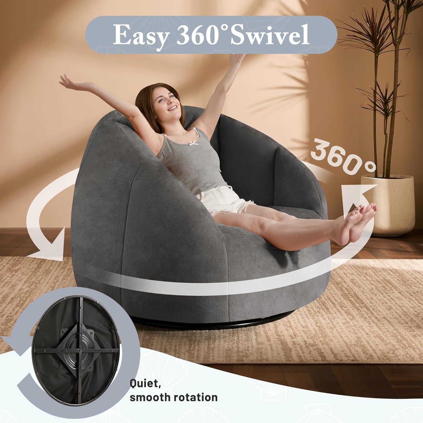 Giant Bean Bag Swivel Chair for Adults - Comfy Plush Round Shell Soft Accent Chaise Lounge Indoor Reading Chair, Oversized Cozy Floor Sofa for Living Room, Bedroom & Game Rooms, Dorm, Gray