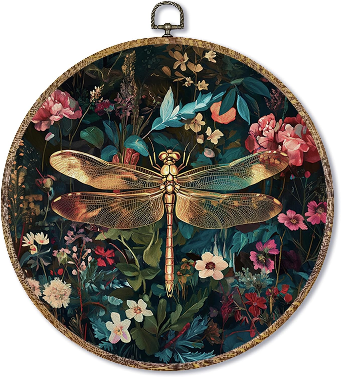 Fewgb Vintage Dragonfly Round Wall Art Decor Framed for Gallery Bedroom Living Room Kitchen Bathroom, Dark Black Floral Canvas Wall Art Prints Picture, Flower Hanging Room Decor Artwork 10x10