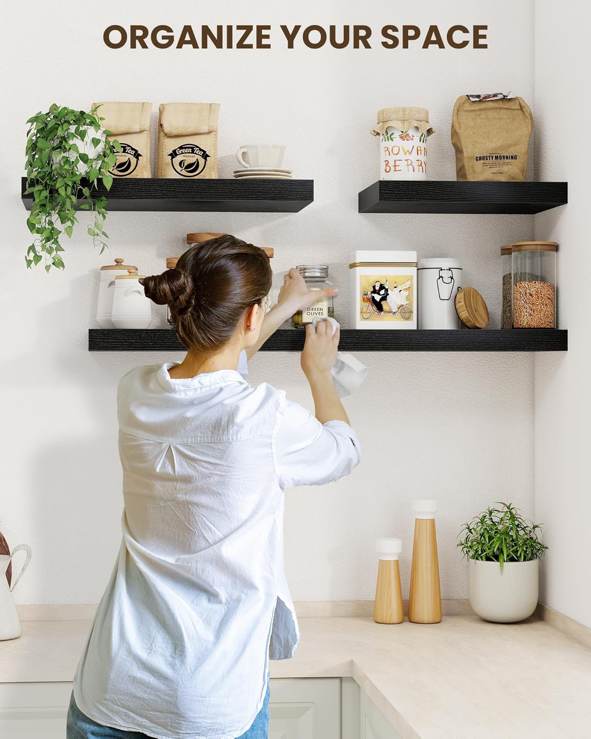 Marsmiles 39" Floating Shelves for Wall, Wooden Shelves with Invisible Brackets Set of 2, Rustic Farmhouse Wall Mounted Shelf for Kitchen Bathroom Living Room Study, Black