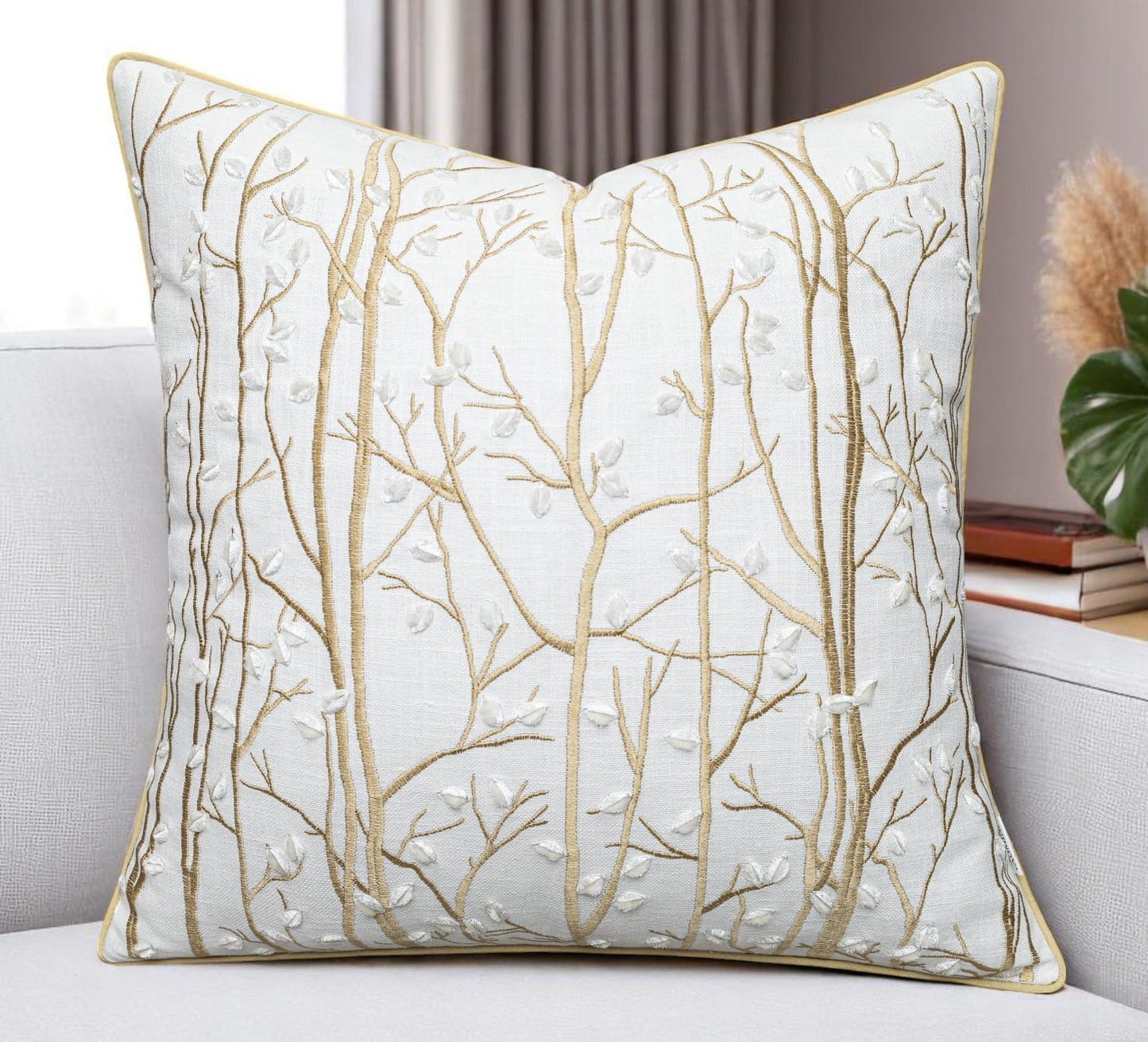 VAGMINE Embroidered Forest Throw Pillow Cover - 20x20 Inches Square - 100% Cotton Ivory Decorative Cushion Cover - Elegant Embroidery - Rustic Home Accent for Sofa, Bed, Couch, Farmhouse Décor