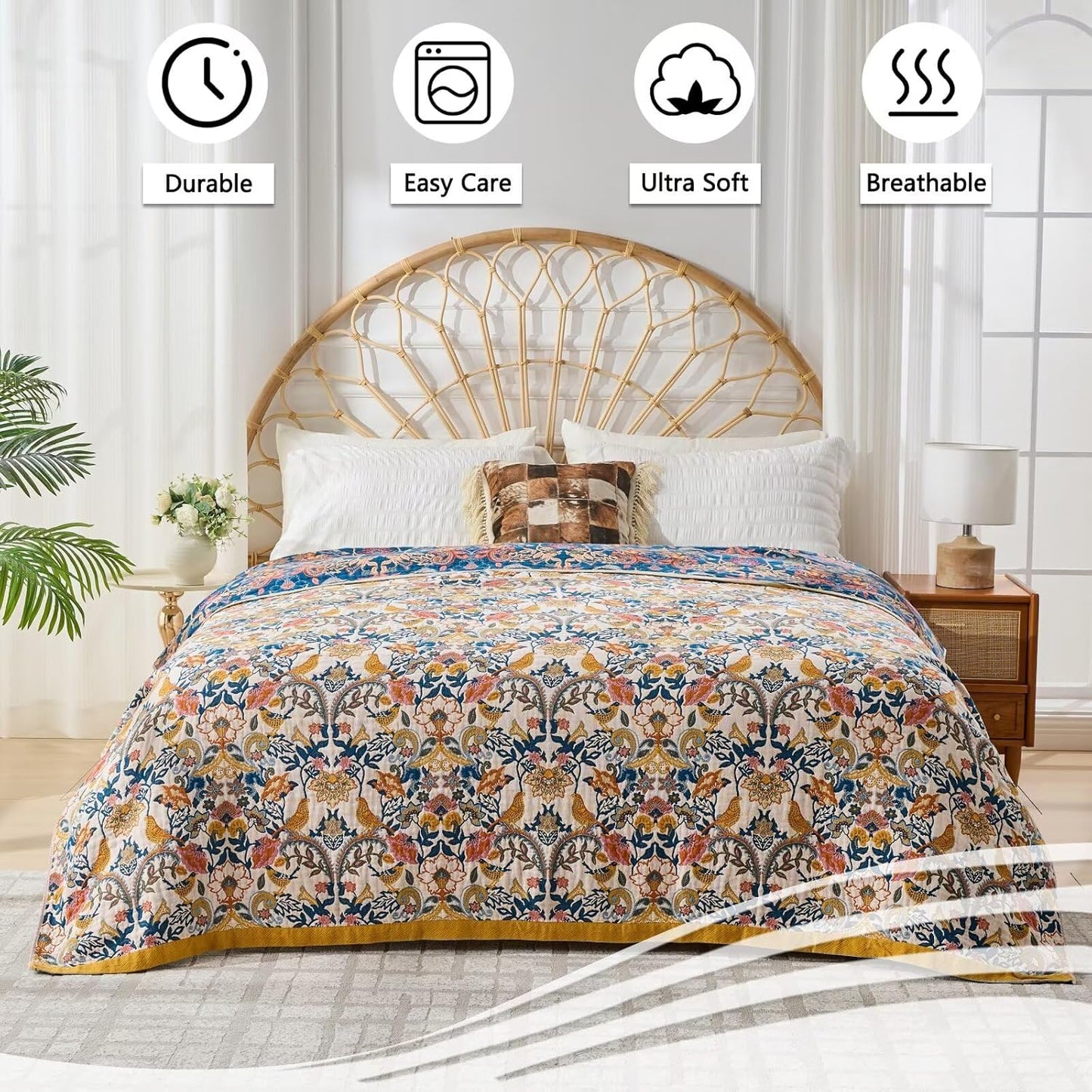 Boho Throw Blanket for Bed Couch 100% Cotton Woven Bed Throws for Summer, Lightweight and Soft Cozy Farmhouse Reversible Muslin Decorative Blanket for Travel Picnic, Teal/Cream, 80"x90"