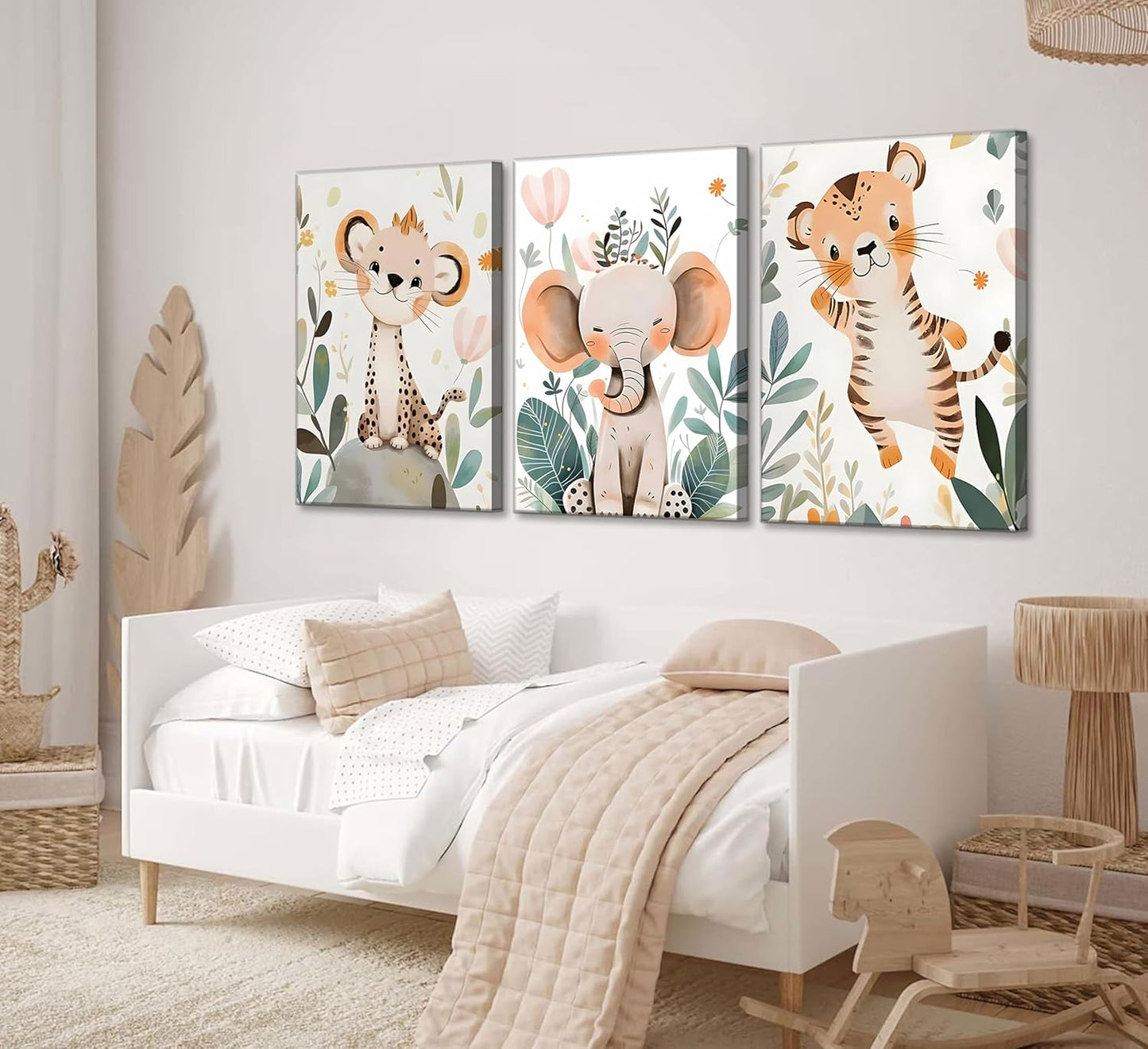 3 Pcs Safari Animals Nursery Canvas Wall Art Jungle Animals Cheetah Elephant Tiger Kids Room Illustration Pictures Wall Decor Posters Print Artwork for Classroom Boy's Girl's Room Bedroom