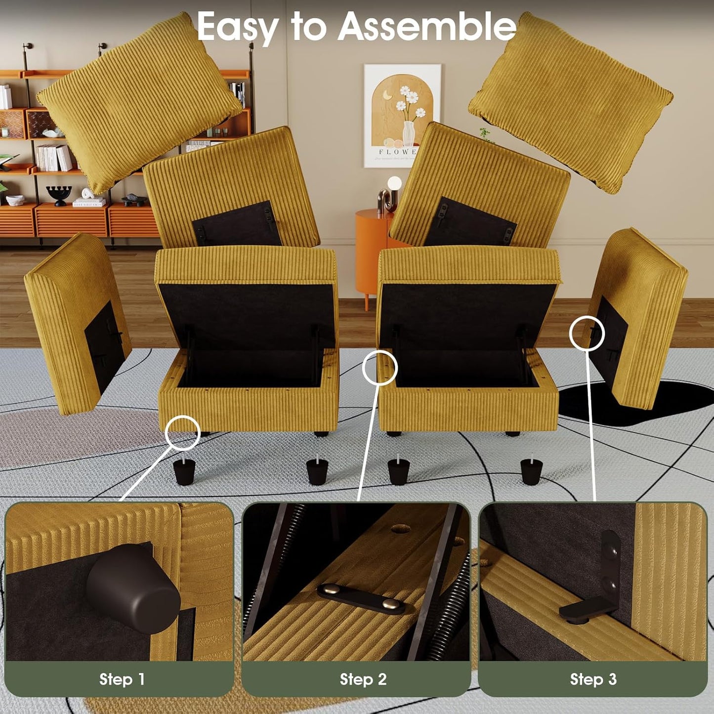 LLappuil Modular Sectional Sofa with Storage Seats, Corduroy Convertible Modular U Shaped Sectional Couch for Living Room, 8 Seat Oversized Sofa with 6 Back Cushion 6 Throw Pillow, Yellow