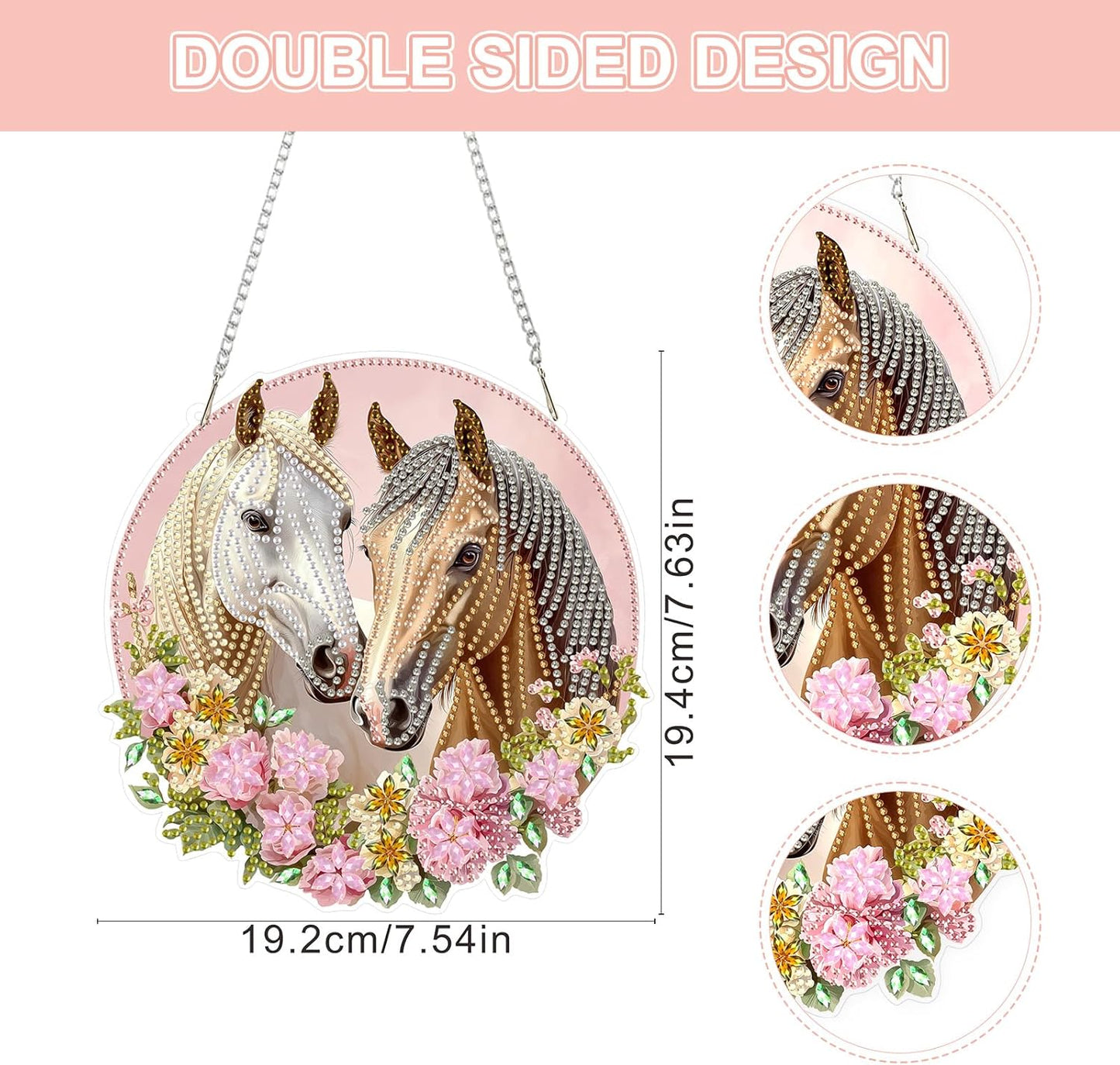 Lxmsja DIY Two Horses Diamond Painting Hanging Ornament, Double-Sided Acrylic Flowers Diamond Art Kit, Special Shaped Drill Pendant Window Art Kit, Suncatcher Hanging Craft Decoration 8x8 inch