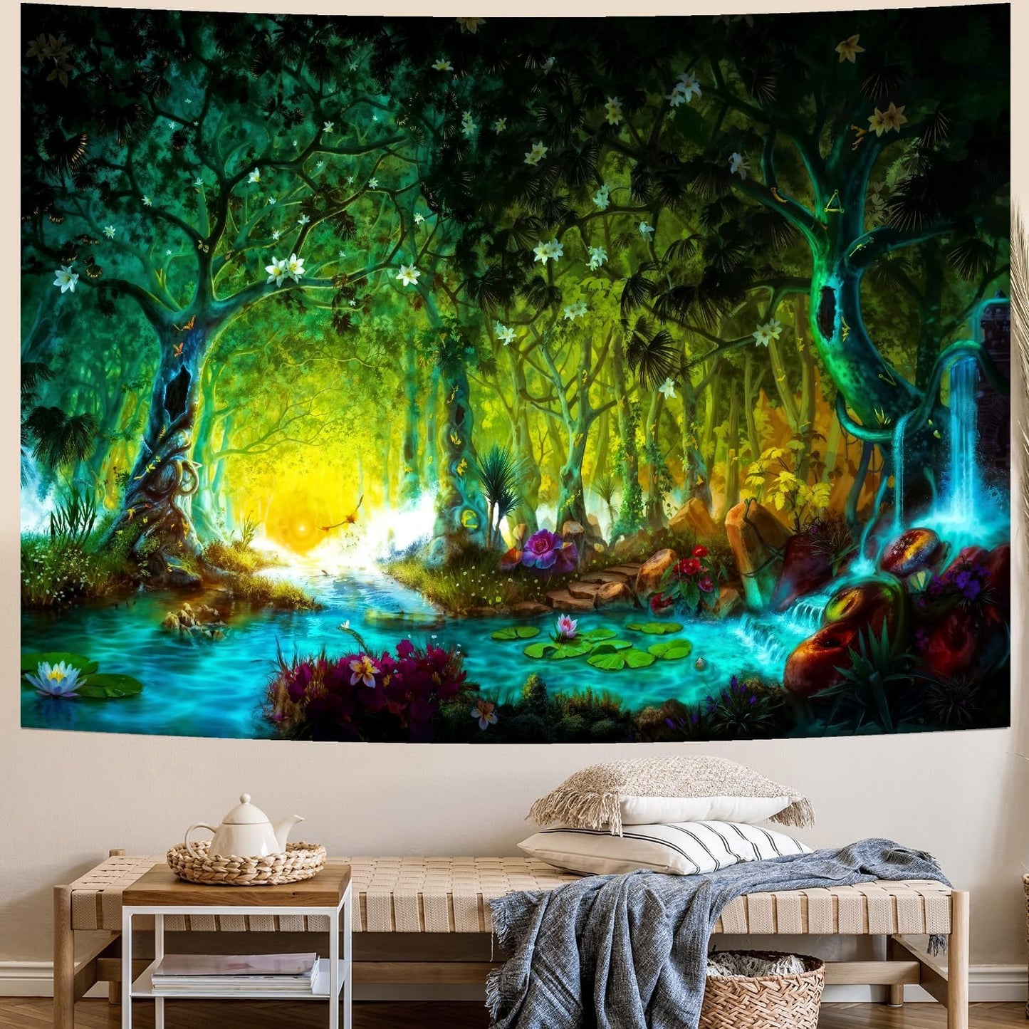 Delur Fantasy Forest Tapestry Mystical River Enchanted Magical Fairy Tale Tree Tapestry Sunrise Landscape Sunset Nature Psychedelic Wall Hanging Headboard for Bedroom Living Room Home Decor (70.8" x 92.5")