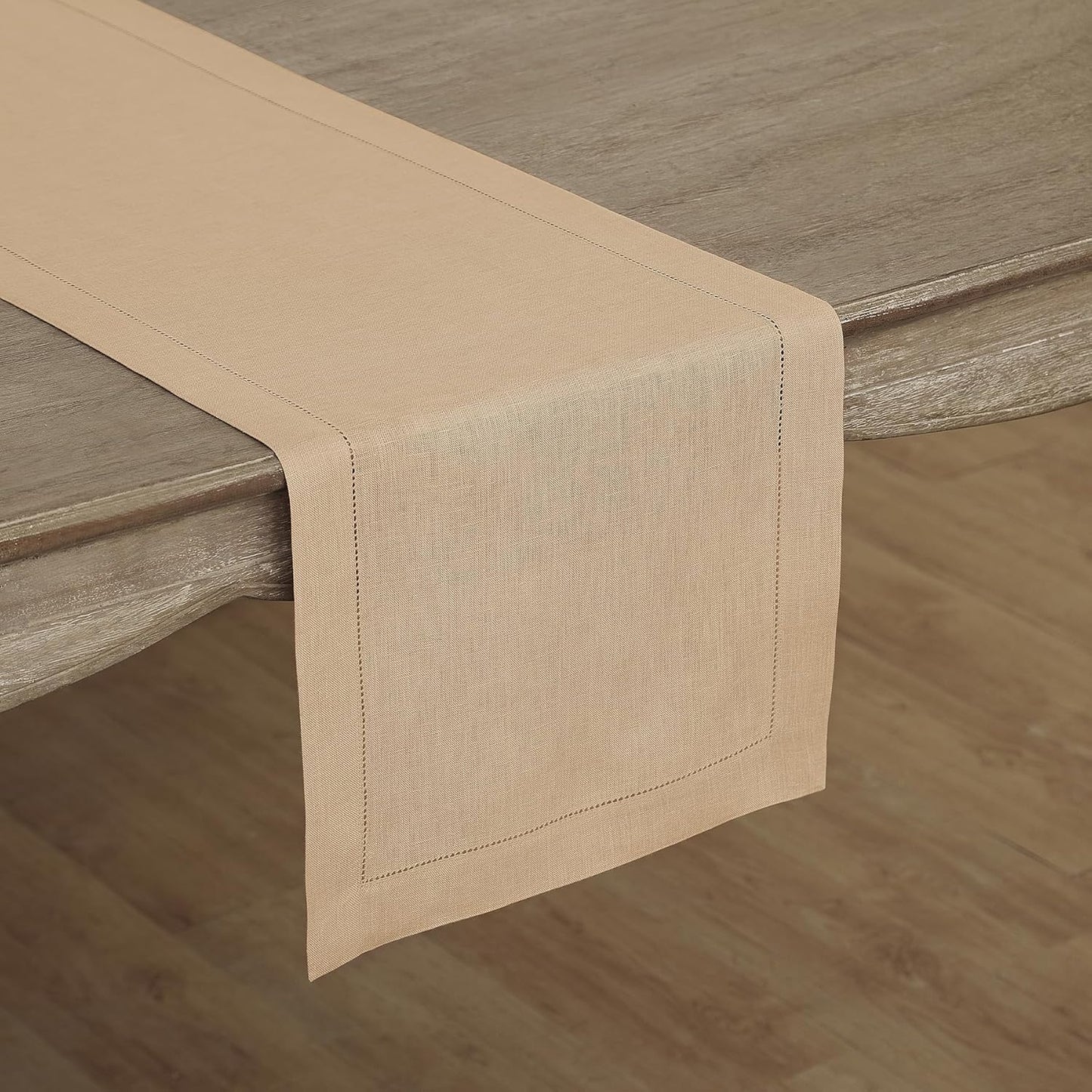 Solino Home Linen Beige Table Runner 108 Inches Long - 100% Pure Linen 14 x 108 Inch Table Runner for Fall, Autumn, Thanksgiving - Classic Hemstitch