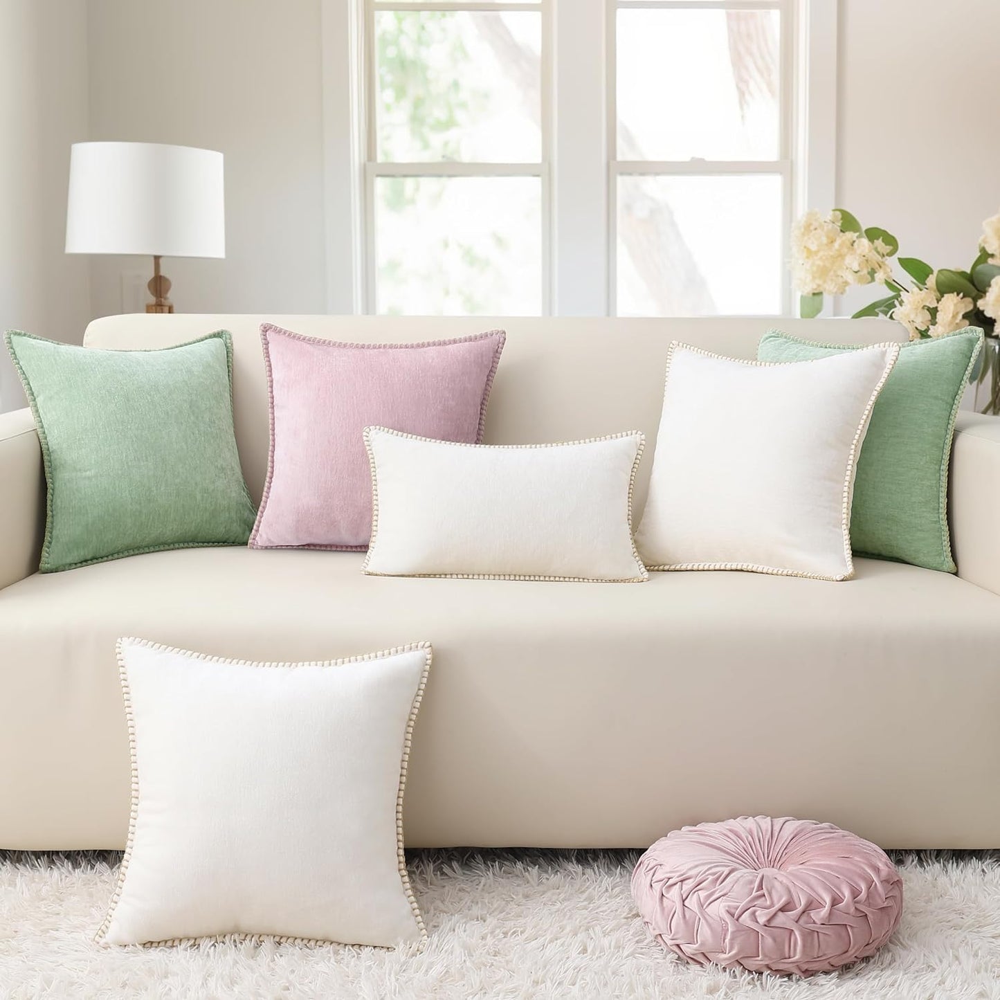 decorUhome Chenille Soft Throw Pillow Covers 22x22 Set of 2, Farmhouse Velvet Neutral Decorative Euro Pillow Covers with Stitched Edge for Couch Sofa Bed Home Decor, Blush Pink