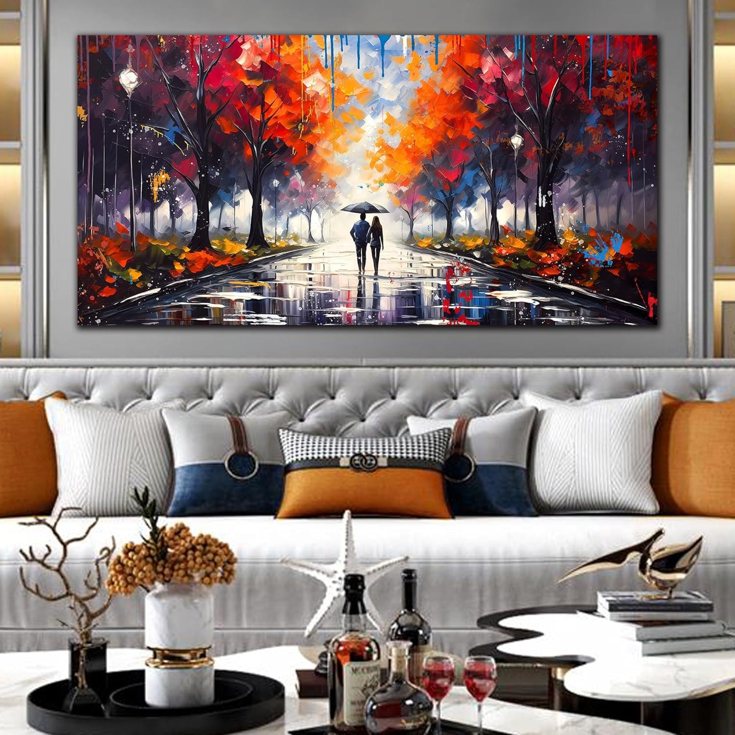 Large Canvas Wall Art for Living Room Bedroom Couple Walking in the Rain Picture Graffiti Red Tree Canvas Prints Framed Home Decor Size 24x48