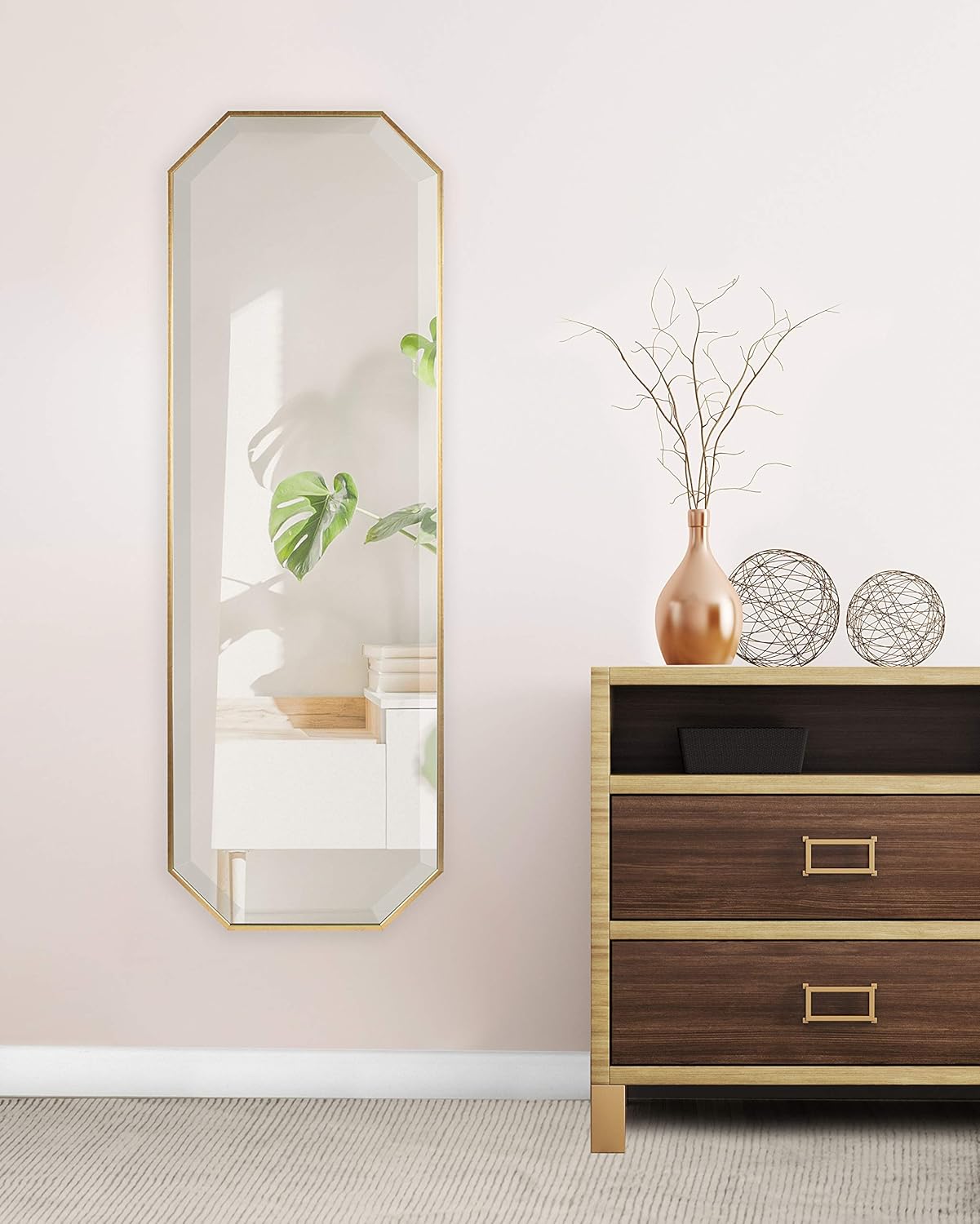 Kate and Laurel Rhodes Modern Full Length Framed Octagon Wall Mirror, 16 x 48, Gold, Decorative Glam Geometric Wall Accent