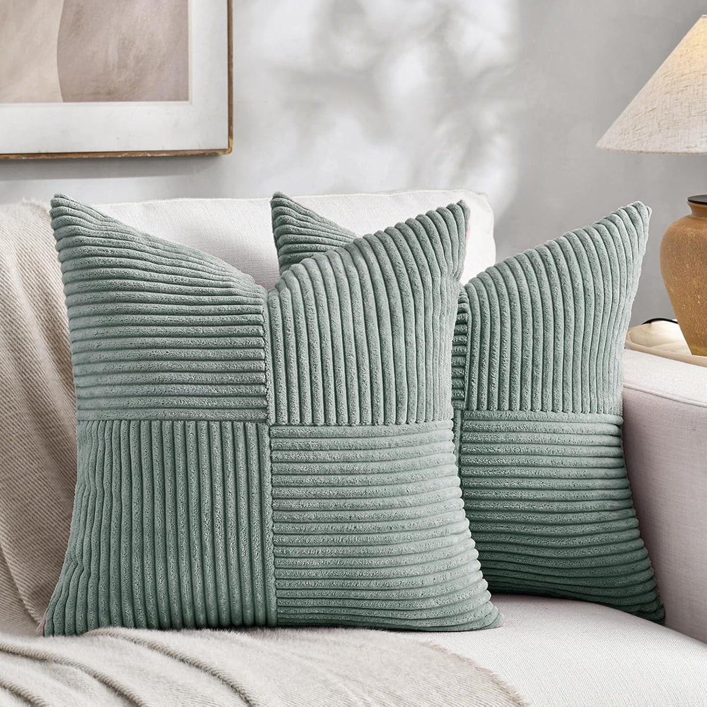 Fancy Homi 2 Packs Grey Blue Decorative Throw Pillow Covers 20x20 Inch for Couch Bed Sofa, Rustic Farmhouse Boho Home Decor, Soft Corss Corduroy Patchwork Accent Square Cushion Case 50x50 cm