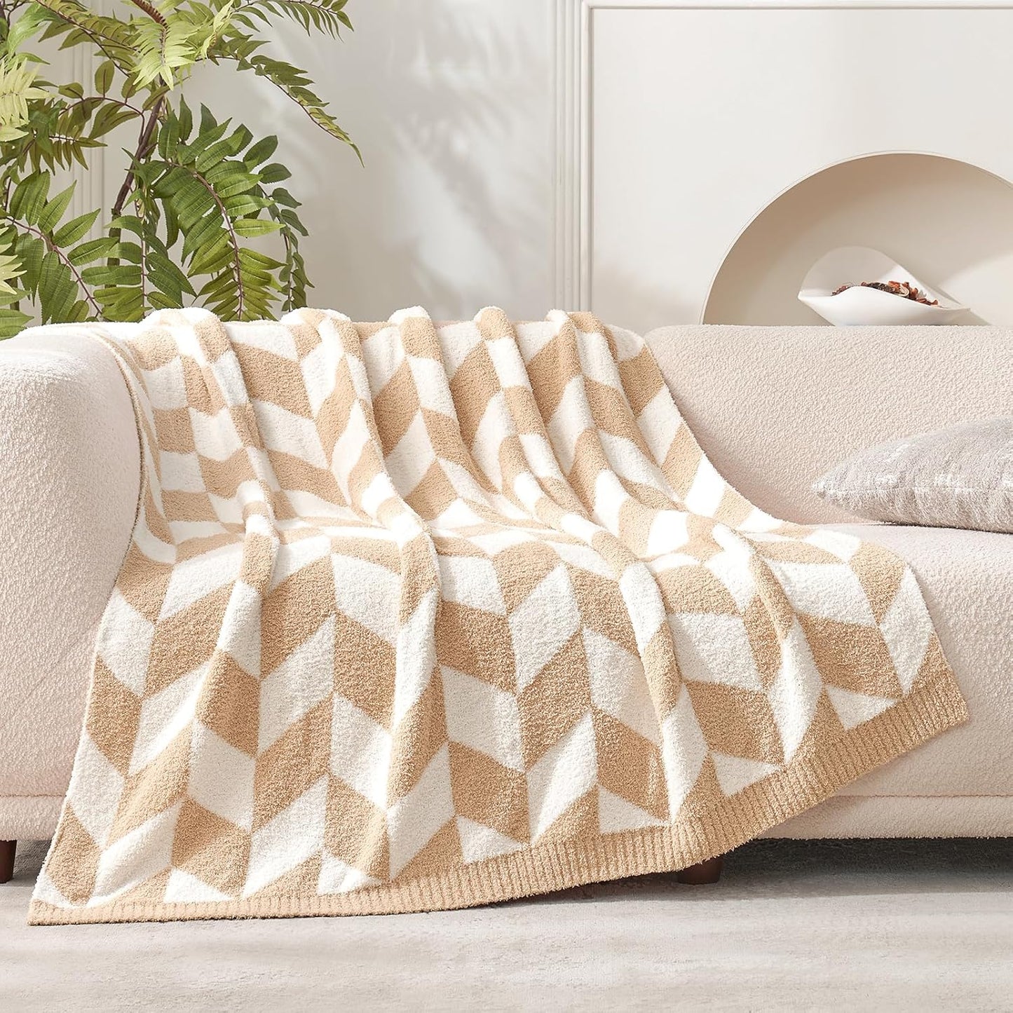 Snuggle Sac Chevron Throw Blanket for Couch, Reversible Super Soft Warm Blankets Cozy Knit Fuzzy Plush Lightweight Throws for Sofa, Bed, Camping, Beige,50x60 inches