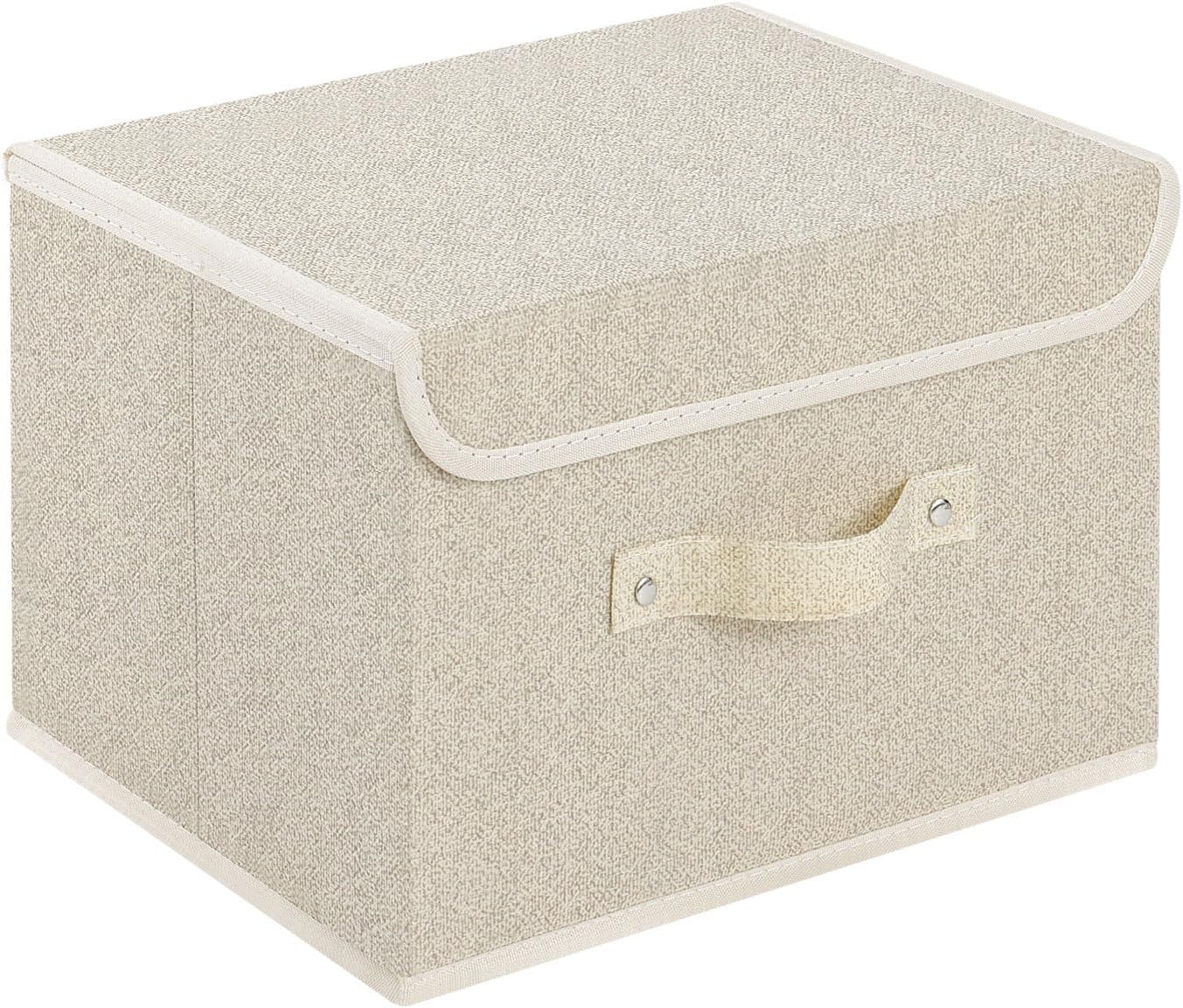 Storage Boxes, Collapsible Storage Bins with Lids, Cotton and linen cloth Storage Baskets with Handle, for Books, Closet, Bedroom, Home, 10.2x7.9x6.7 in, Grey and Beige