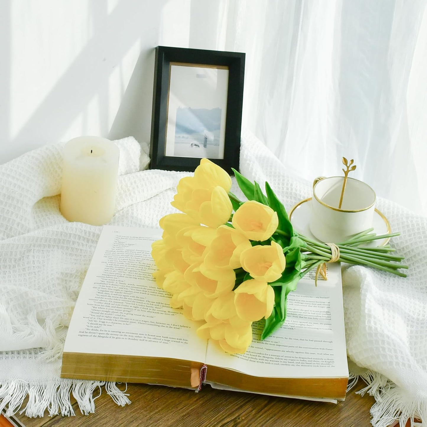 Mandy's Artificial Tulips 12 Stems Yellow Partially Open PU Faux Flowers for Wedding Home Decor 13.5 Inch