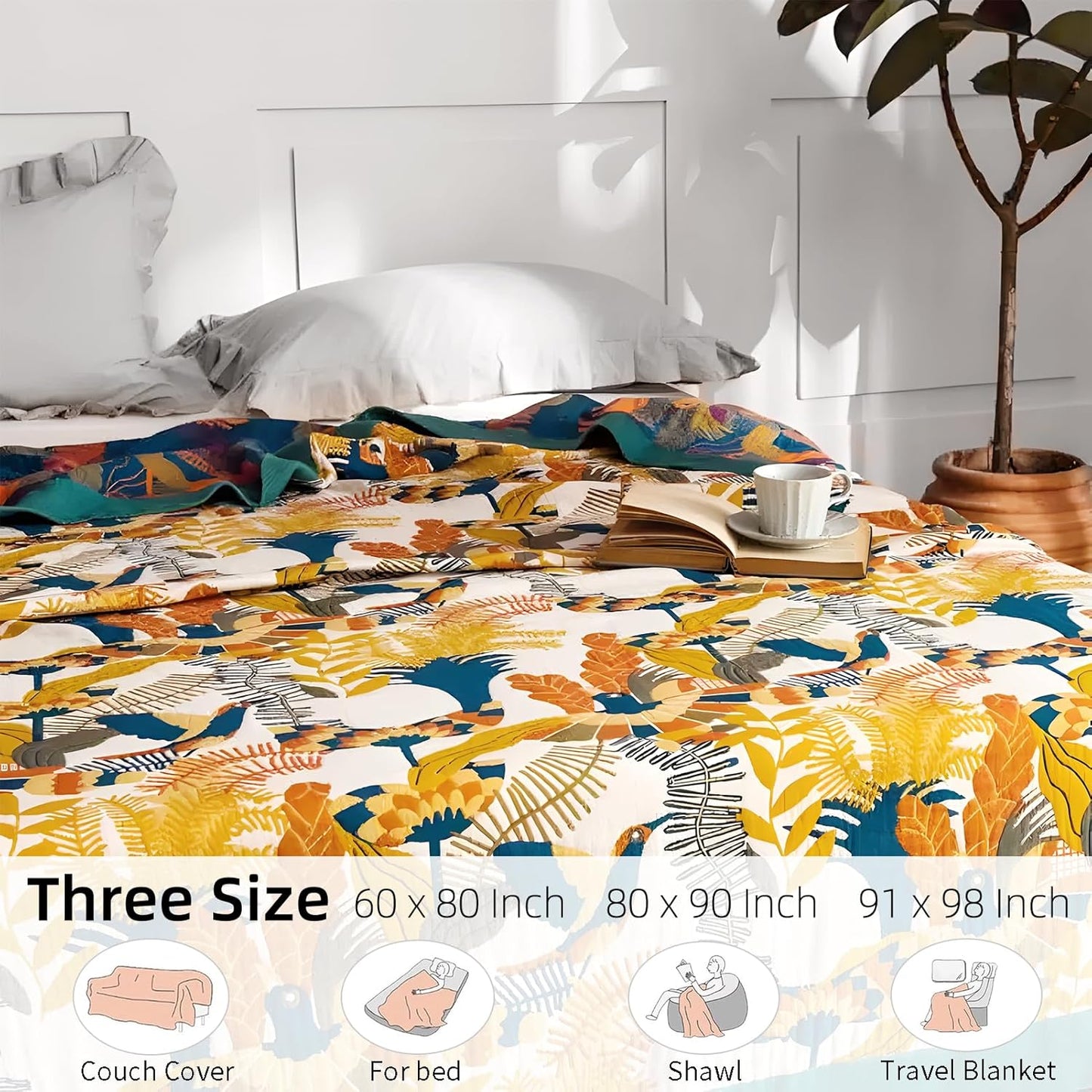 Boho Throw Blanket for Bed - 100% Pure Cotton Ultra Soft Rustic Quilt - Farmhouse Decor Bed Blankets, All Season Rustic Throw for Sofa Couch Chair(91''x 98'', Floral Bird)