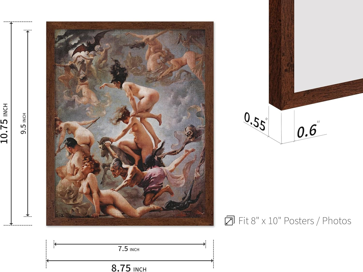 Poster Master Vintage Luis Ricardo Falero Poster - Retro Occult Print - Gift for Gothic, Horror Fan - Witches Going to their Sabbath, Pagan - Wall Decor for Bedroom, Dorm, 8x10 Brown Framed