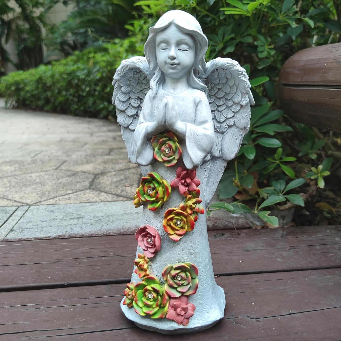 Angel Solar Garden Outdoor Statues with Succulent Plants and 6 LED Lights– Outside Solar Garden Decor Figurines -Remembrance & Sympathy Gifts Decorations