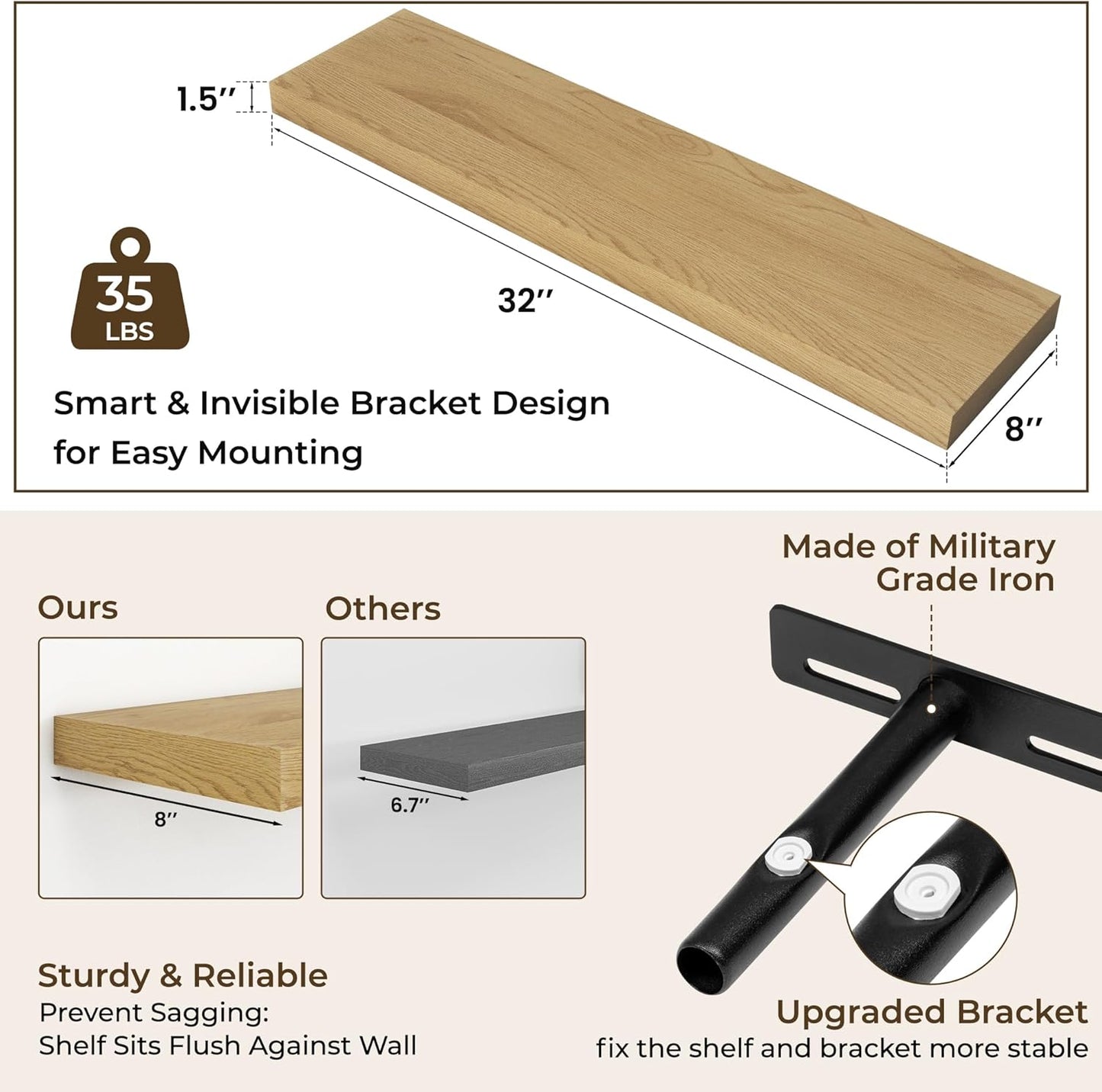 RICHFOCUS 31.5Inch Floating Shelves for Wall 2 Pack Shelves for Bedroom|Kitchen|Bathroom Wall Mounted Rustic Wood Floating Shelf with Invisible Brackets for Books|Storage|Decor, Oak