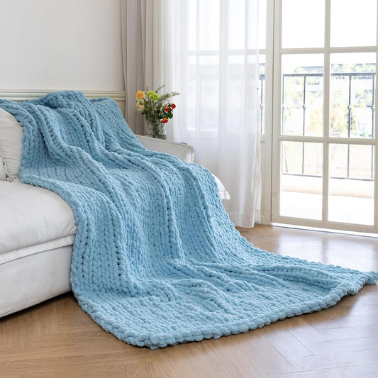 Chunky Knit Blanket - Luxury Soft Cozy 50 * 60 Throw Blanket,100% Woven Blanket Rope Knot Throw Blanket for Couch, Sofa, Home Decor, Gift - Machine Washable（Light Blue）