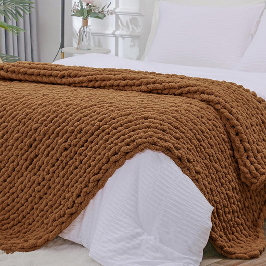 Bigacogo Chunky Knit Throw Blanket for Couch, 51x63 inches, 100% Hand Knitted with Thick Jumbo Chenille Yarn, Cozy Soft Large Rope Knot Cable Crochet Blankets for Sofa Bed Living Room, Caramel