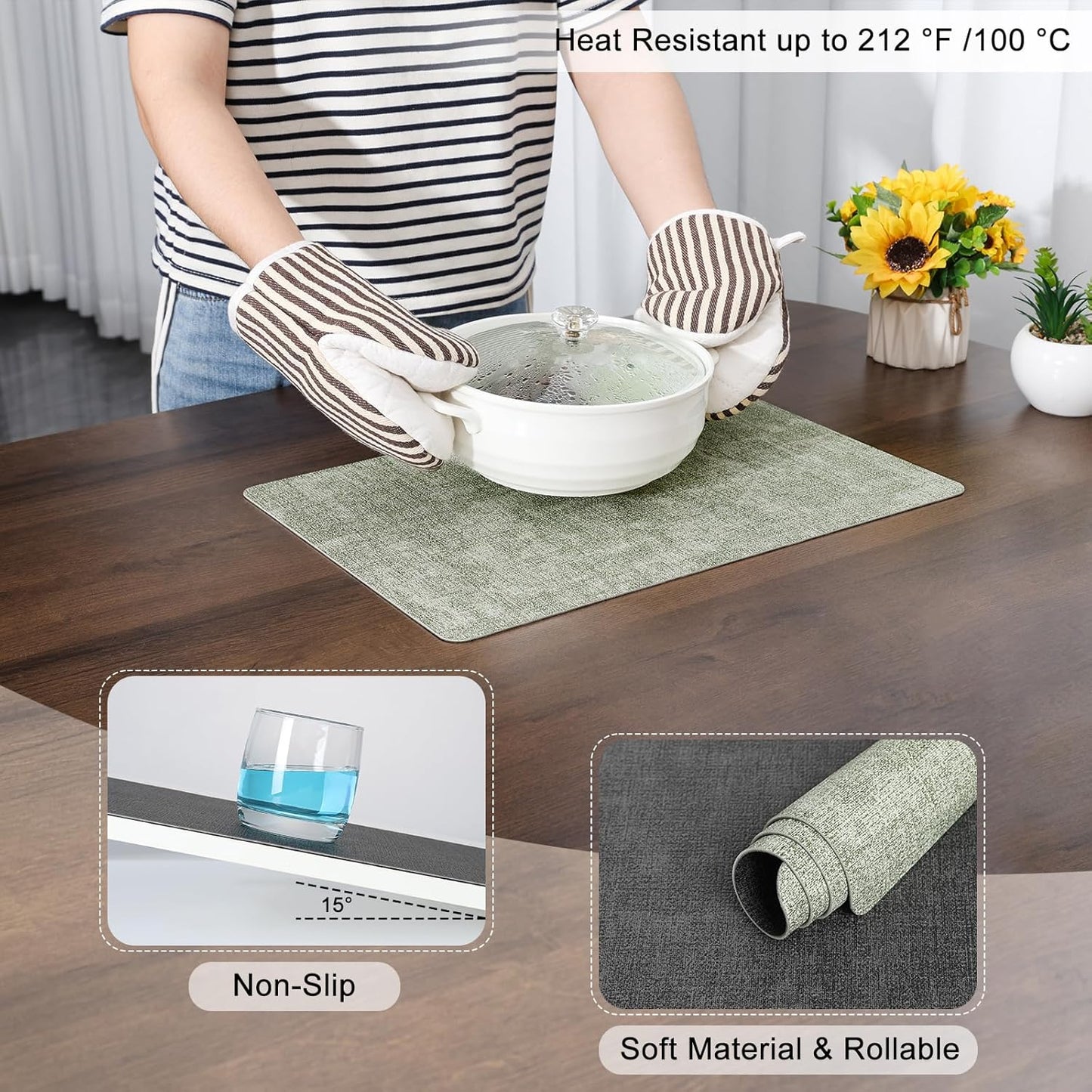 Myir JUN Dual Sided Placemats, Faux Leather Set of 6 Indoor/Outdoor Square Non-Slip Washable Table Mats (Gray Grass Green)