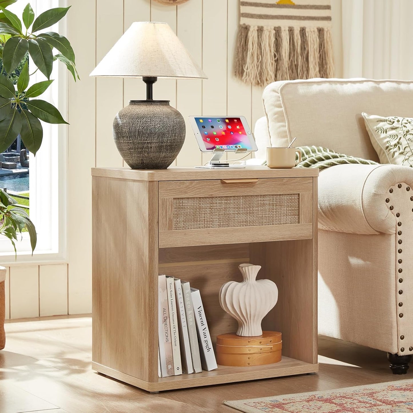 LEYAOYAO Boho Rattan Coffee Table Sets 2 Pieces, Nightstand with Charging Station and Coffee Table with Hidden Storage Compartment, Natural Living Room Table Set, Wood Furniture Sets for Home Office