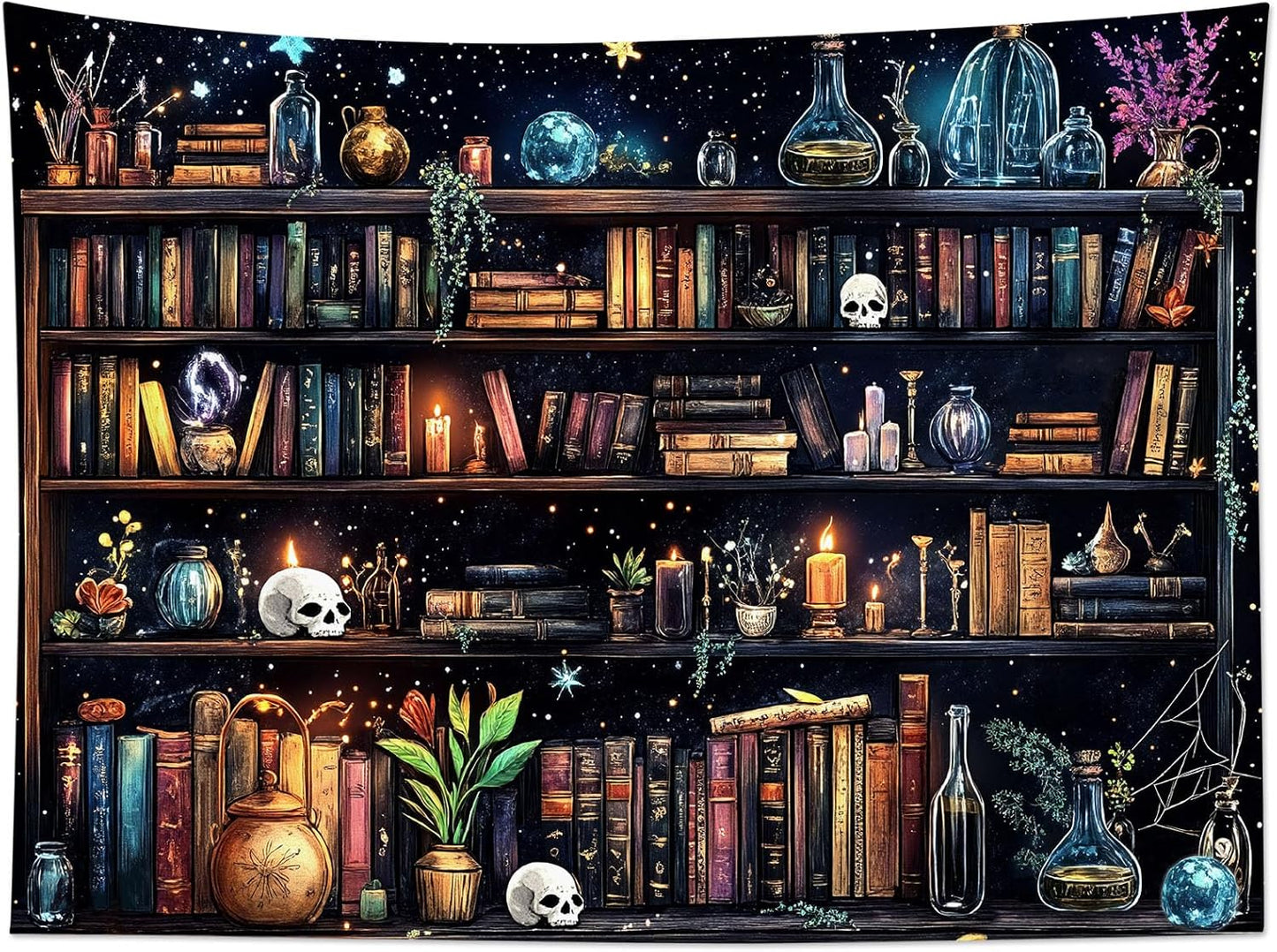 HVEST Magic Bookshelf Tapestry Wall Hanging Vintage Bookshelf Witchy Books Plant Skull Gothic Halloween Tapestry Aesthetic Starry Sky Tapestries for Bedroom Living Room Dorm, 51L x 59W Inches