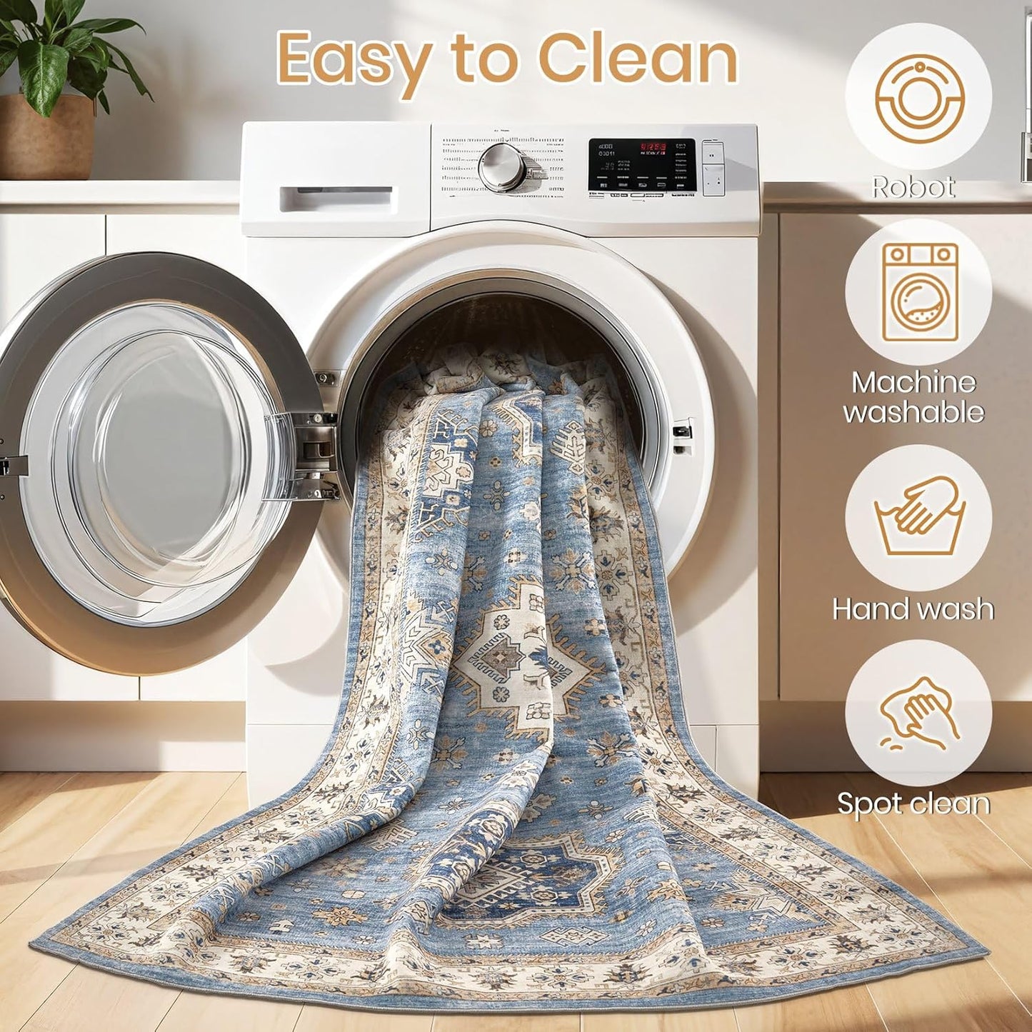 Washable Area Rugs for Living Room - 6x9 Neutral Vintage Distressed Floral Farmhouse Boho Large Soft Floor Rug Indoor Non Slip Carpet for Living Room Bedroom Dining Room Office - Blue