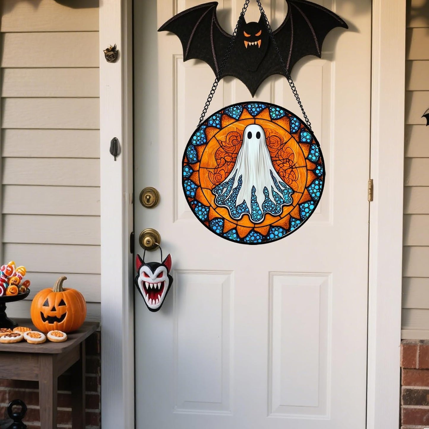 Stained Glass Window Hanging - Halloween Decorations White Ghost Suncatcher for Doors Garden Indoor Spooky Funny Blue Sun Catchers Gothic Decor Horror Gifts for Women Men Friend 7.8 in