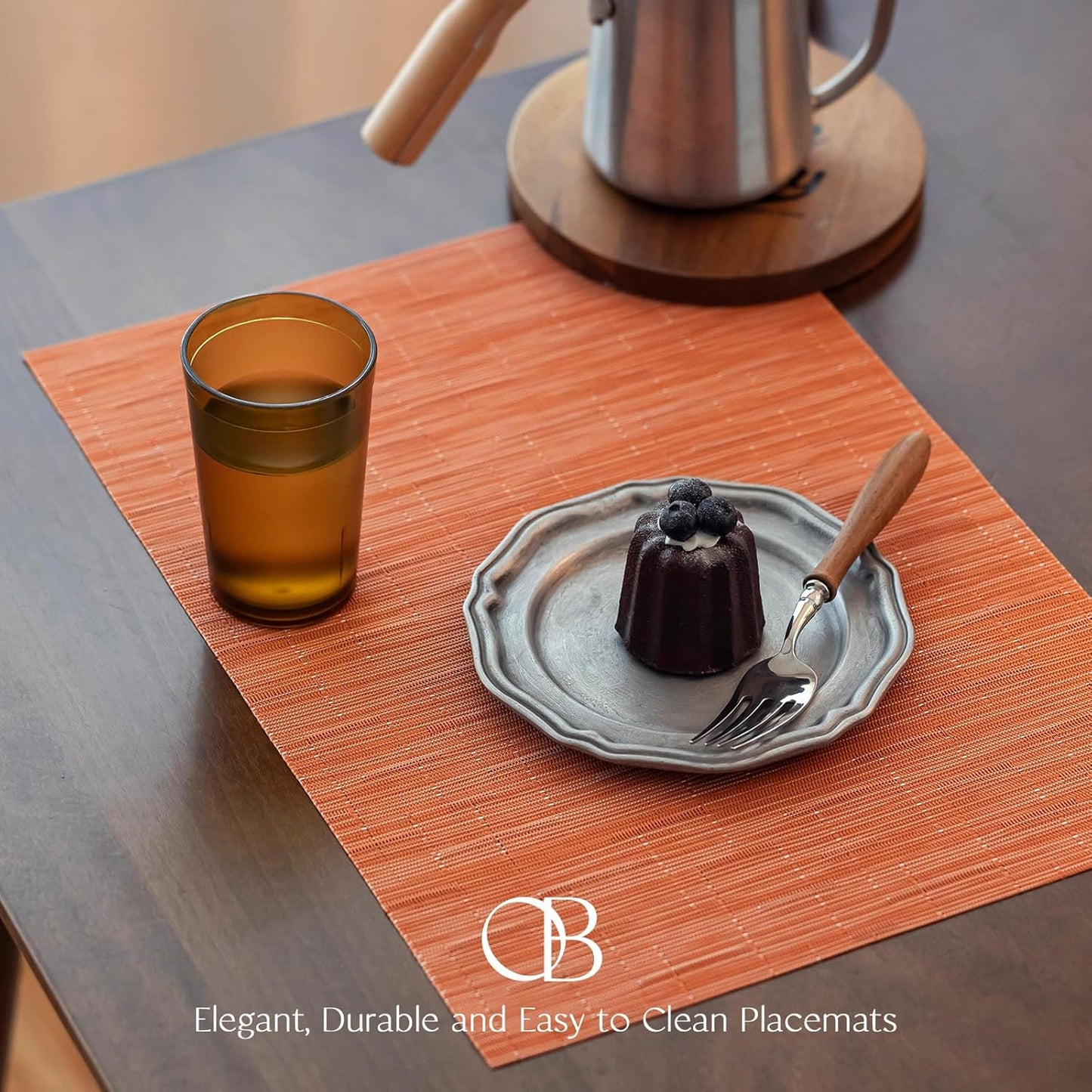 Placemats Set of 8 - Easy Clean Woven Vinyl Placemats for Dining Table, Indoor/Outdoor Place Mats, Washable PVC Table Mats （Orange）