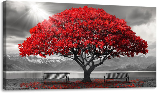 AJAZIKO Red Wall Art - Modern Framed Wall Art for Living Room - Red Tree Black and White Landscape Canvas Prints Posters & Prints for Home Office Bedroom Decorations - Large Wall Pictures 20×40IN