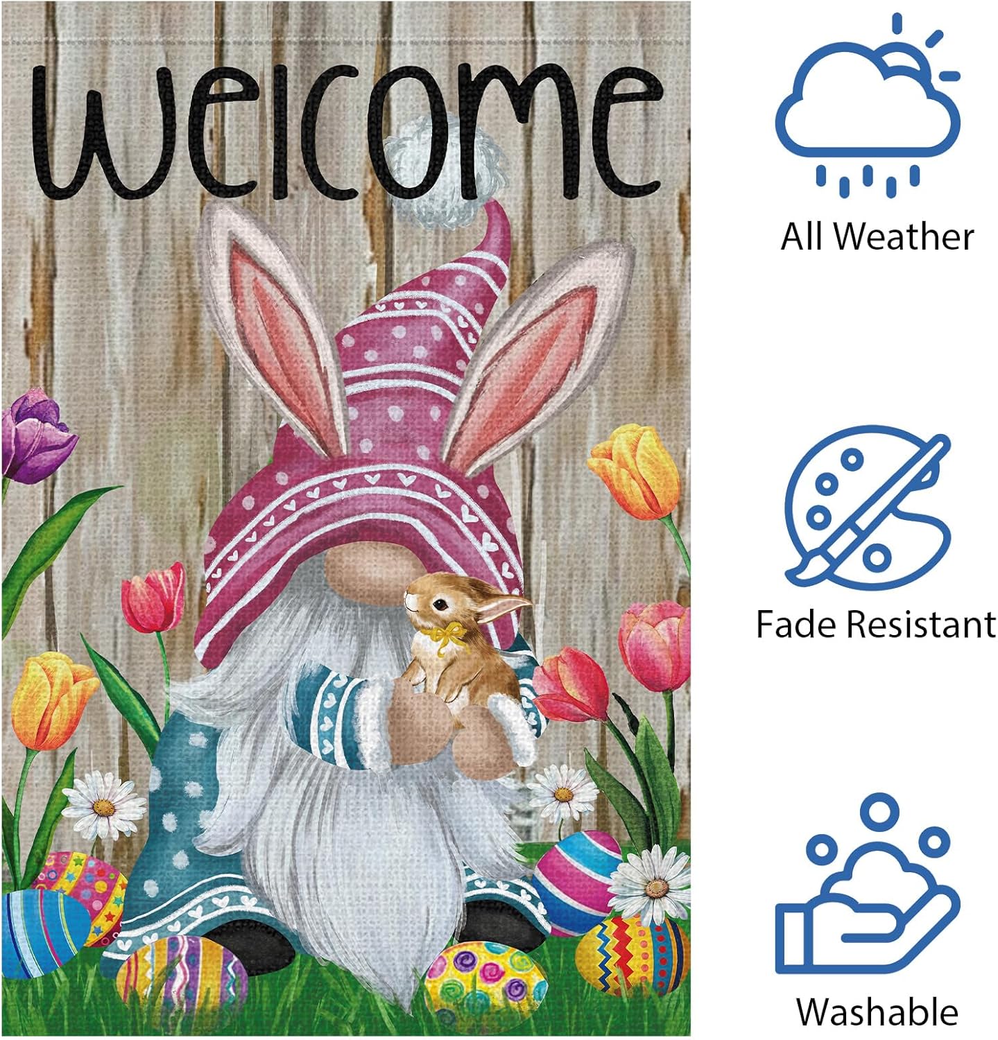 Welcome Easter Gnome Garden Flag 12x18 Double Sided Burlap, Funny Bunny Floral Small Yard Flag Banner for Holiday Farmhouse Outdoor Decor (ONLY FLAG)