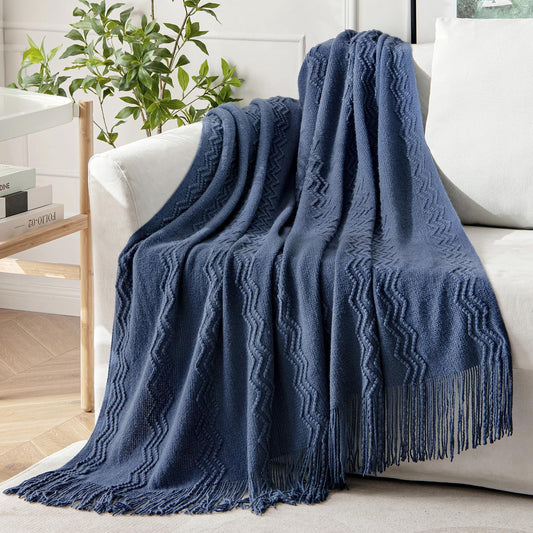 MIULEE Navy Blue Knitted Throw Blanket for Couch Textured Knit Blanket with Tassels Cozy Woven Boho Bed Blanket for Sofa Bed Chair Acrylic Wave Pattern 50"x60"