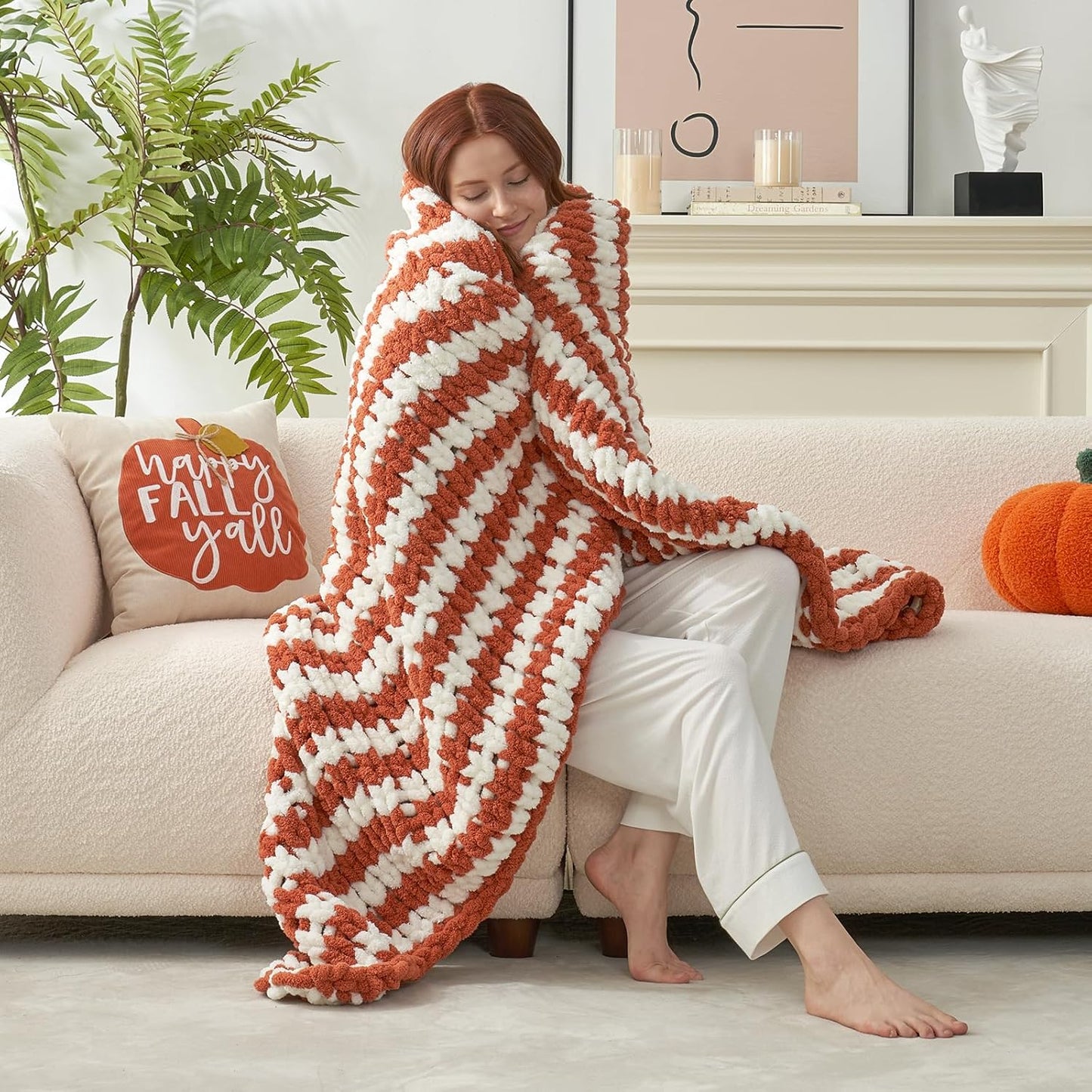 Amélie Home Chunky Knit Throw Blanket for Couch, Soft Chenille Crochet Blanket for Sofa, 50"x60", Burnt Orange & White Striped