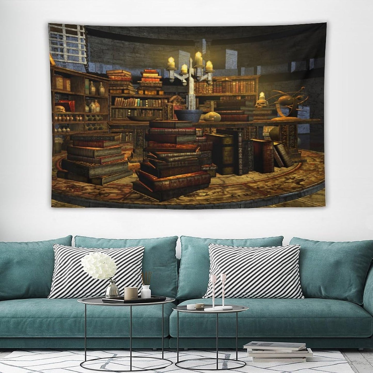 Kurtect Library Tapestry,Vintage Medieval Bookshelf Wooden Bookcase Antique Magic Art Tapestries for Party Beach Picnic Blankets Tablecloths Living Room Wall Deocr, 40x60 in